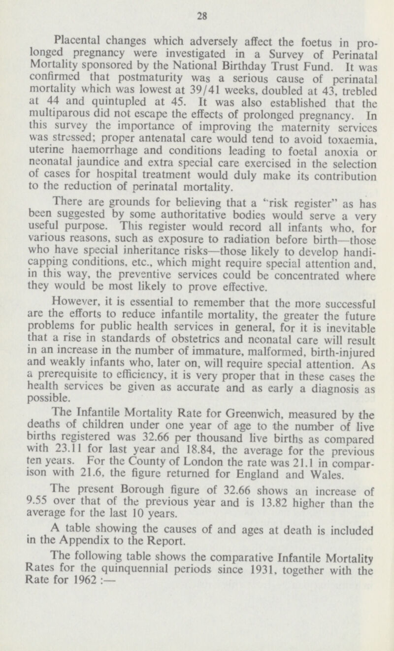 28 Placental changes which adversely affect the foetus in pro longed pregnancy were investigated in a Survey of Perinatal Mortality sponsored by the National Birthday Trust Fund. It was confirmed that postmaturity was a serious cause of perinatal mortality which was lowest at 39/41 weeks, doubled at 43, trebled at 44 and quintupled at 45. It was also established that the multiparous did not escape the effects of prolonged pregnancy. In this survey the importance of improving the maternity services was stressed; proper antenatal care would tend to avoid toxaemia, uterine haemorrhage and conditions leading to foetal anoxia or neonatal jaundice and extra special care exercised in the selection of cases for hospital treatment would duly make its contribution to the reduction of perinatal mortality. There are grounds for believing that a ' risk register as has been suggested by some authoritative bodies would serve a very useful purpose. This register would record all infants who, for various reasons, such as exposure to radiation before birth—those who have special inheritance risks—those likely to develop handi capping conditions, etc., which might require special attention and. in this way, the preventive services could be concentrated where they would be most likely to prove effective. However, it is essential to remember that the more successful are the efforts to reduce infantile mortality, the greater the future problems for public health services in general, for it is inevitable that a rise in standards of obstetrics and neonatal care will result in an increase in the number of immature, malformed, birth-injured and weakly infants who, later on, will require special attention. As a prerequisite to efficiency, it is very proper that in these cases the health services be given as accurate and as early a diagnosis as possible. The Infantile Mortality Rate for Greenwich, measured by the deaths of children under one year of age to the number of live births registered was 32.66 per thousand live births as compared with 23.11 for last year and 18.84, the average for the previous ten yeais. For the County of London the rate was 21.1 in compar ison with 21.6, the figure returned for England and Wales. The present Borough figure of 32.66 shows an increase of 9.55 over that of the previous year and is 13.82 higher than the average for the last 10 years. A table showing the causes of and ages at death is included in the Appendix to the Report. The following table shows the comparative Infantile Mortality Rates for the quinquennial periods since 1931, together with the Rate for 1962:—