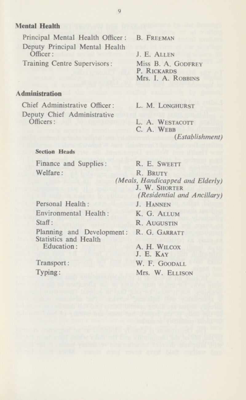 9 Mental Health Principal Mental Health Officer: B. Freeman Deputy Principal Mental Health Officer: J. E. Allen Training Centre Supervisors: Miss B. A. Godfrey P. Rickards Mrs. I. A. Robbins Administration Chief Administrative Officer: L. M. Longhurst Deputy Chief Administrative Officers: L. A. Westacott C. A. Webb (Establishment) Section Heads Finance and Supplies: R. E. Sweett Welfare: R. Bruty (Meals, Handicapped and Elderly) J. W. Shorter (Residential and Ancillary) Personal Health: J. Hannen Environmental Health: K. G. Allum Staff: R. Augustin Planning and Development: R. G. Garratt Statistics and Health Education: A. H. Wilcox J. E. Kay Transport: W. F. Goodall Typing: Mrs. W. Ellison