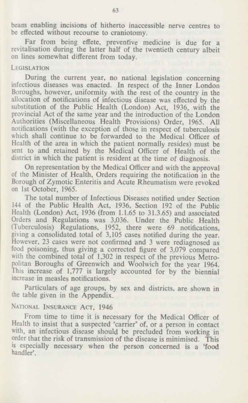 63 beam enabling incisions of hitherto inaccessible nerve centres to be effected without recourse to craniotomy. Far from being effete, preventive medicine is due for a revitalisation during the latter half of the twentieth century albeit on lines somewhat different from today. Legislation During the current year, no national legislation concerning infectious diseases was enacted. In respect of the Inner London Boroughs, however, uniformity with the rest of the country in the allocation of notifications of infectious disease was effected by the substitution of the Public Health (London) Act, 1936, with the provincial Act of the same year and the introduction of the London Authorities (Miscellaneous Health Provisions) Order, 1965. All notifications (with the exception of those in respect of tuberculosis which shall continue to be forwarded to the Medical Officer of Health of the area in which the patient normally resides) must be sent to and retained by the Medical Officer of Health of the district in which the patient is resident at the time of diagnosis. On representation by the Medical Officer and with the approval of the Minister of Health, Orders requiring the notification in the Borough of Zymotic Enteritis and Acute Rheumatism were revoked on 1st October, 1965. The total number of Infectious Diseases notified under Section 144 of the Public Health Act, 1936, Section 192 of the Public Health (London) Act, 1936 (from 1.1.65 to 31.3.65) and associated Orders and Regulations was 3,036. Under the Public Health (Tuberculosis) Regulations, 1952, there were 69 notifications, giving a consolidated total of 3,105 cases notified during the year. However, 23 cases were not confirmed and 3 were rediagnosed as food poisoning, thus giving a corrected figure of 3,079 compared with the combined total of 1,302 in respect of the previous Metro¬ politan Boroughs of Greenwich and Woolwich for the year 1964. This increase of 1,777 is largely accounted for by the biennial increase in measles notifications. Particulars of age groups, by sex and districts, are shown in the table given in the Appendix. National Insurance Act, 1946 From time to time it is necessary for the Medical Officer of Health to insist that a suspected 'carrier* of, or a person in contact with, an infectious disease should be precluded from working in order that the risk of transmission of the disease is minimised. This is especially necessary when the person concerned is a 'food handler'.