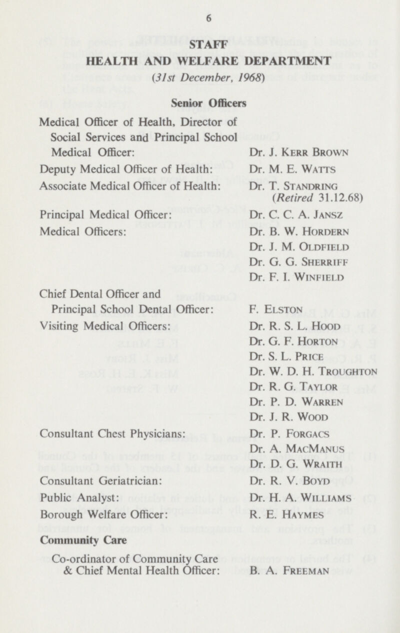 6 STAFF HEALTH AND WELFARE DEPARTMENT (31st December, 1968) Senior Officers Medical Officer of Health, Director of Social Services and Principal School Medical Officer: Dr. J. Kerr Brown Deputy Medical Officer of Health: Dr. M. E. Watts Associate Medical Officer of Health: Dr. T. Standring (Retired 31.12.68) Principal Medical Officer: Dr. C. C. A. Jansz Medical Officers: Dr. B. W. Hordern Dr. J. M. Oldfield Dr. G. G. Sherriff Dr. F. I. Winfield Chief Dental Officer and Principal School Dental Officer: F. Elston Visiting Medical Officers: Dr. R. S. L. Hood Dr. G. F. Horton Dr. S. L. Price Dr. W. D. H. Troughton Dr. R. G. Taylor Dr. P. D. Warren Dr. J. R. Wood Consultant Chest Physicians: Dr. P. Forgacs Dr. A. MacManus Dr. D. G. Wraith Consultant Geriatrician: Dr. R. V. Boyd Public Analyst: Dr. H. A. Williams Borough Welfare Officer: R. E. Haymes Community Care Co-ordinator of Community Care & Chief Mental Health Officer: B. A. Freeman