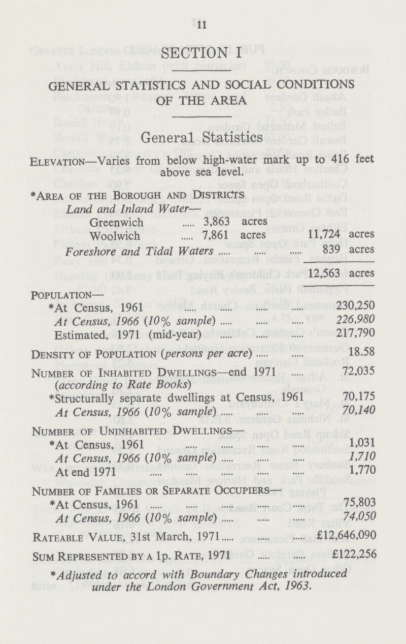 11 SECTION I GENERAL STATISTICS AND SOCIAL CONDITIONS OF THE AREA General Statistics Elevation—Varies from below high-water mark up to 416 feet above sea level. *Area of the Borough and Districts Land, and Inland Water— Greenwich 3,863 acres Woolwich 7,861 acres 11,724 acres Foreshore and Tidal Waters 839 acres 12,563 acres Population— *At Census, 1961 230,250 At Census, 1966 (10% sample) 226,980 Estimated, 1971 (mid-year) 217,790 Density of Population (persons per acre) 18.58 Number of Inhabited Dwellings—end 1971 72,035 (according to Rate Books) *Structurally separate dwellings at Census, 1961 70,175 At Census, 1966 (10% sample) 70,140 Number of Uninhabited Dwellings— *At Census, 1961 1,031 At Census, 1966 (10% sample) 1,710 At end 1971 1.770 Number of Families or Separate Occupiers— *At Census, 1961 75,803 At Census, 1966 (10% sample) 74,050 Rateable Value, 31st March, 1971 £12,646,090 Sum Represented by a lp. Rate, 1971 £122,256 * Adjusted to accord with Boundary Changes introduced under the London Government Act, 1963.