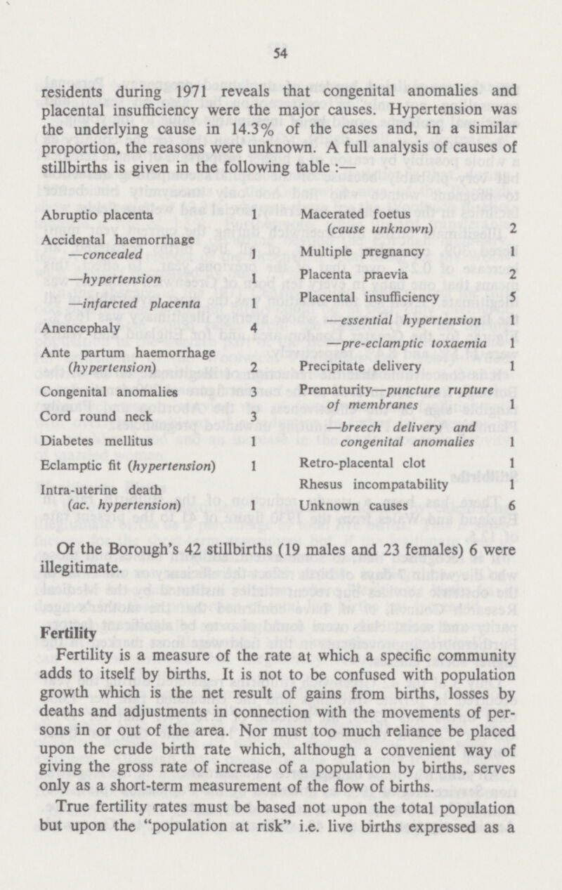 54 residents during 1971 reveals that congenital anomalies and placental insufficiency were the major causes. Hypertension was the underlying cause in 14.3% of the cases and, in a similar proportion, the reasons were unknown. A full analysis of causes of stillbirths is given in the following table:— Abruptio placenta 1 Macerated foetus (cause unknown) 2 Accidental haemorrhage —concealed 1 Multiple pregnancy 1 —hypertension 1 Placenta praevia 2 -infarcted placenta 1 Placental insufficiency 5 . . . —essential hypertension 1 Anencephaly 4 —pre-eclamptic toxaemia 1 Ante partum haemorrhage (hypertension) 2 Precipitate delivery 1 Congenital anomalies 3 Prematurity—puncture rupture of membranes 1 Cord round neck 3 —breech delivery and Diabetes mellitus 1 congenital anomalies 1 Eclamptic fit (hypertension) 1 Retro-placental clot 1 Intra-uterine death Rhesus incompatability 1 (ac. hypertension) 1 Unknown causes 6 Of the Borough's 42 stillbirths (19 males and 23 females) 6 were illegitimate. Fertility Fertility is a measure of the rate at which a specific community adds to itself by births. It is not to be confused with population growth which is the net result of gains from births, losses by deaths and adjustments in connection with the movements of per sons in or out of the area. Nor must too much reliance be placed upon the crude birth rate which, although a convenient way of giving the gross rate of increase of a population by births, serves only as a short-term measurement of the flow of births. True fertility rates must be based not upon the total population but upon the population at risk i.e. live births expressed as a