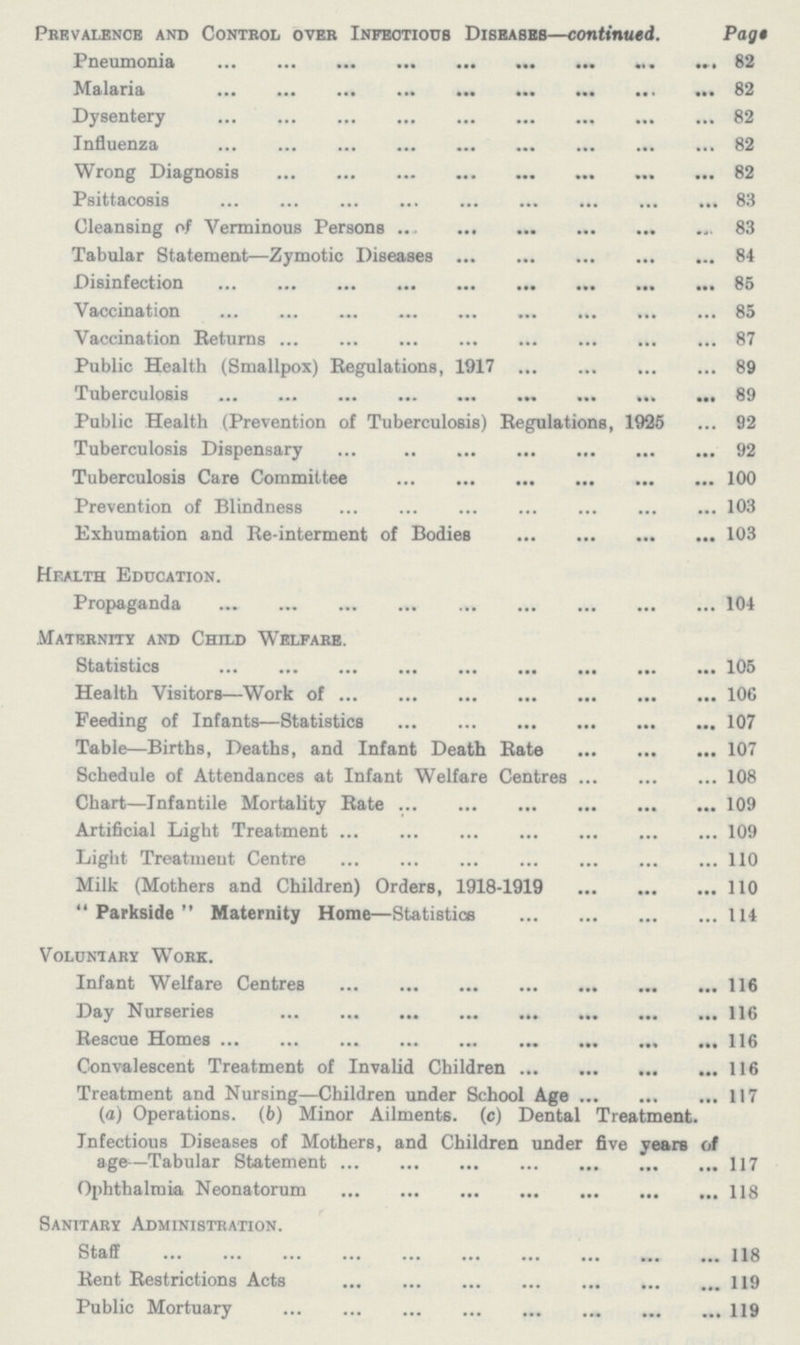 Prevalence and Control over Infectious Diseases—continued. Pag* Pneumonia 82 Malaria 82 Dysentery 82 Influenza 82 Wrong Diagnosis 82 Psittacosis 83 Cleansing of Verminous Persons 83 Tabular Statement—Zymotic Diseases 84 Disinfection 85 Vaccination 85 Vaccination Returns 87 Public Health (Smallpox) Regulations, 1917 89 Tuberculosis 89 Public Health (Prevention of Tuberculosis) Regulations, 1925 92 Tuberculosis Dispensary 92 Tuberculosis Care Committee 100 Prevention of Blindness 103 Exhumation and Re-interment of Bodies 103 Health Education. Propaganda 104 Maternity and Child Welfare. Statistics 105 Health Visitors—Work of 106 Feeding of Infants—Statistics 107 Table—Births, Deaths, and Infant Death Rate 107 Schedule of Attendances at Infant Welfare Centres 108 Chart—Infantile Mortality Rate 109 Artificial Light Treatment 109 Light Treatment Centre 110 Milk (Mothers and Children) Orders, 1918-1919 110  Parkside  Maternity Home—Statistics 114 Voluntary Work. Infant Welfare CentreB 116 Day Nurseries 116 Rescue Homes 116 Convalescent Treatment of Invalid Children 116 Treatment and Nursing—Children under School Age 117 (a) Operations. (6) Minor Ailments, (c) Dental Treatment. Infectious Diseases of Mothers, and Children under five years of age—Tabular Statement 117 Ophthalmia Neonatorum 118 Sanitary Administration. Staff 118 Rent Restrictions Acts 119 Public Mortuary 119