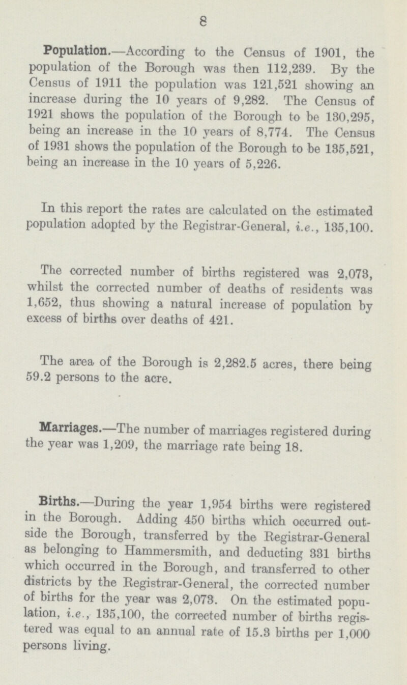 8 Population.—According to the Census of 1901, the population of the Borough was then 112,239. By the Census of 1911 the population was 121,521 showing an increase during the 10 years of 9,282. The Census of 1921 shows the population of the Borough to be 130,295, being an increase in the 10 years of 8,774. The Census of 1931 shows the population of the Borough to be 135,521, being an increase in the 10 years of 5,226. In this report the rates are calculated on the estimated population adopted by the Registrar-General, i.e., 185,100. The corrected number of births registered was 2,078, whilst the corrected number of deaths of residents was 1,652, thus showing a natural increase of population by excess of births over deaths of 421. The area of the Borough is 2,282.5 acres, there being 59.2 persons to the acre. Marriages.—The number of marriages registered during the year was 1,209, the marriage rate being 18. Births.—During the year 1,954 births were registered in the Borough. Adding 450 births which occurred out side the Borough, transferred by the Registrar-General as belonging to Hammersmith, and deducting 831 births which occurred in the Borough, and transferred to other districts by the Registrar-General, the corrected number of births for the year was 2,073. On the estimated popu lation, i.e., 135,100, the corrected number of births regis tered was equal to an annual rate of 15.3 births per 1,000 persons living.