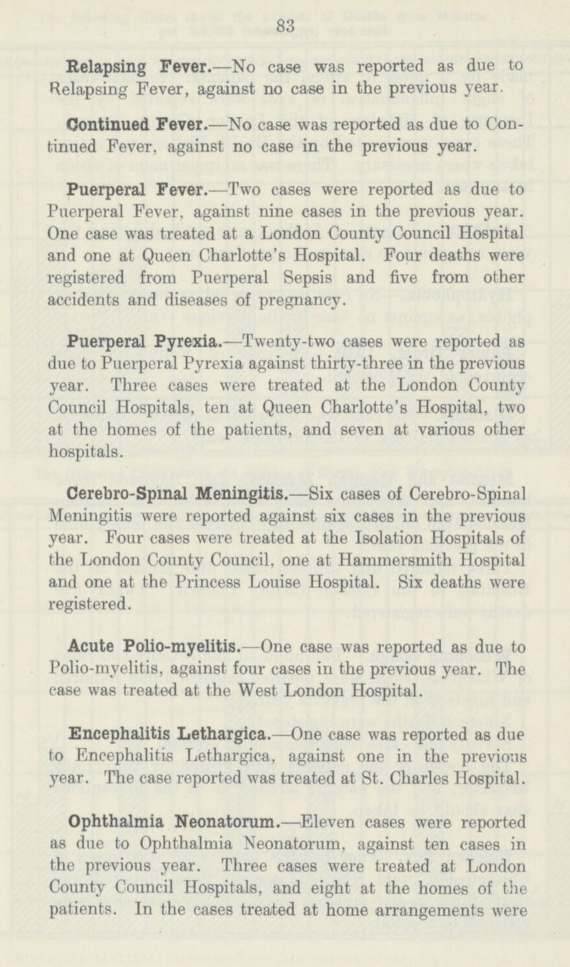 83 Relapsing Fever.—No case was reported as due to Relapsing Fever, against no case in the previous year. Continued Fever.—No case was reported as due to Con tinued Fever, against no case in the previous year. Puerperal Fever.—Two cases were reported as due to Puerperal Fever, against nine cases in the previous year. One case was treated at a London County Council Hospital and one at Queen Charlotte's Hospital. Four deaths were registered from Puerperal Sepsis and five from other accidents and diseases of pregnancy. Puerperal Pyrexia.—Twenty-two cases were reported as due to Puerperal Pyrexia against thirty-three in the previous year. Three cases were treated at the London County Council Hospitals, ten at Queen Charlotte's Hospital, two at the homes of the patients, and seven at various other hospitals. Cerebro-Spinal Meningitis.—Six cases of Cerebro-Spinal Meningitis were reported against six cases in the previous year. Four cases were treated at the Isolation Hospitals of the London County Council, one at Hammersmith Hospital and one at the Princess Louise Hospital. Six deaths were registered. Acute Polio-myelitis.—One case was reported as due to Polio-myelitis, against four cases in the previous year. The case was treated at the West London Hospital. Encephalitis Lethargica.—One case was reported as due to Encephalitis Lethargica, against one in the previous year. The case reported was treated at St. Charles Hospital. Ophthalmia Neonatorum.—Eleven cases were reported as due to Ophthalmia Neonatorum, against ten cases in the previous year. Three cases were treated at London County Council Hospitals, and eight at the homes of the patients. In the cases treated at home arrangements were