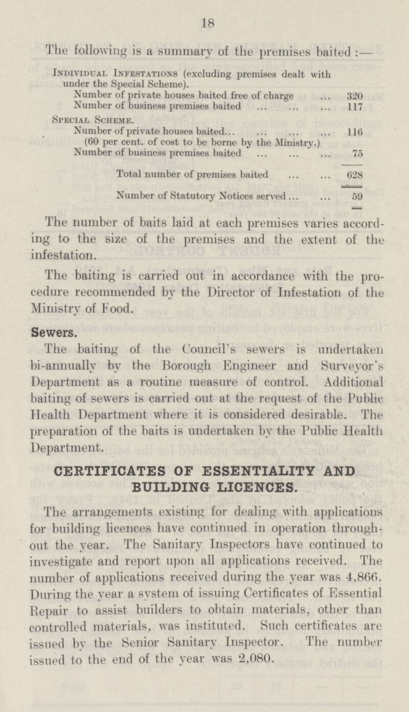 18 The following is a summary of the premises baited:— Individual Infestations (excluding premises dealt with under the Special Scheme). Number of private houses baited free of charge 320 Number of business premises baited 117 Special Scheme. Number of private houses baited 110 (60 per cent. of cost to be borne by the Ministry.) Number of business premises baited 75 Total number of premises baited 028 Number of Statutory Notices served 59 The number of baits laid at each premises varies accord ing to the size of the premises and the extent of the infestation. The baiting is carried out in accordance with the pro cedure recommended by the Director of Infestation of the Ministry of Food. Sewers. The baiting of the Council's sewers is undertaken bi-annuallv by the Borough Engineer and Surveyor's Department as a routine measure of control. Additional baiting of sewers is carried out at the request of the Public Health Department where it is considered desirable. The preparation of the baits is undertaken by the Public Health Department. CERTIFICATES OF ESSENTIALITY AND BUILDING LICENCES. The arrangements existing for dealing with applications for building licences have continued in operation through out the year. The Sanitary Inspectors have continued to investigate and report upon all applications received. The number of applications received during the year was 4,866. During the year a system of issuing Certificates of Essential Repair to assist builders to obtain materials, other than controlled materials, was instituted. Such certificates are issued by the Senior Sanitary Inspector. The number issued to the end of the year was 2,080.