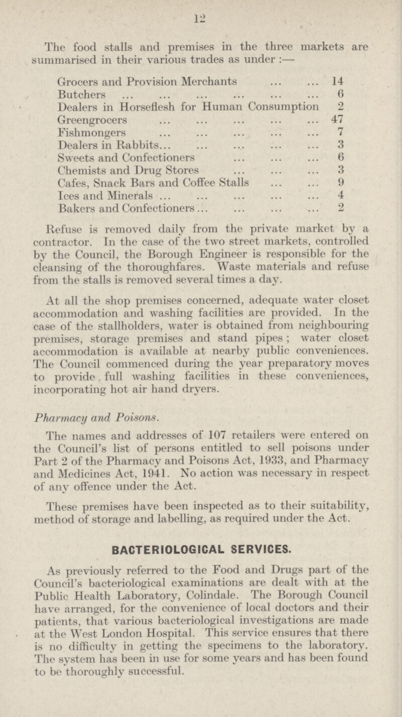 12 The food stalls and premises in the three markets are summarised in their various trades as under :— Grocers and Provision Merchants 14 Butchers 6 Dealers in Horseflesh for Human Consumption 2 Greengrocers 47 Fishmongers 7 Dealers in Rabbits 3 Sweets and Confectioners 6 Chemists and Drug Stores 3 Cafes, Snack Bars and Coffee Stalls 9 Ices and Minerals 4 Bakers and Confectioners 2 Refuse is removed daily from the private market by a contractor. In the case of the two street markets, controlled by the Council, the Borough Engineer is responsible for the cleansing of the thoroughfares. Waste materials and refuse from the stalls is removed several times a day. At all the shop premises concerned, adequate water closet accommodation and washing facilities are provided. In the case of the stallholders, water is obtained from neighbouring premises, storage premises and stand pipes; water closet accommodation is available at nearby public conveniences. The Council commenced during the year preparatory moves to provide full washing facilities in these conveniences, incorporating hot air hand dryers. Pharmacy and Poisons. The names and addresses of 107 retailers were entered on the Council's list of persons entitled to sell poisons under Part 2 of the Pharmacy and Poisons Act, 1933, and Pharmacy and Medicines Act, 1941. No action was necessary in respect of any offence under the Act. These premises have been inspected as to their suitability, method of storage and labelling, as required under the Act. BACTERIOLOGICAL SERVICES. As previously referred to the Food and Drugs part of the Council's bacteriological examinations are dealt with at the Public Health Laboratory, Colindale. The Borough Council have arranged, for the convenience of local doctors and their patients, that various bacteriological investigations are made at the West London Hospital. This service ensures that there is no difficulty in getting the specimens to the laboratory. The system has been in use for some years and has been found to be thoroughly successful.