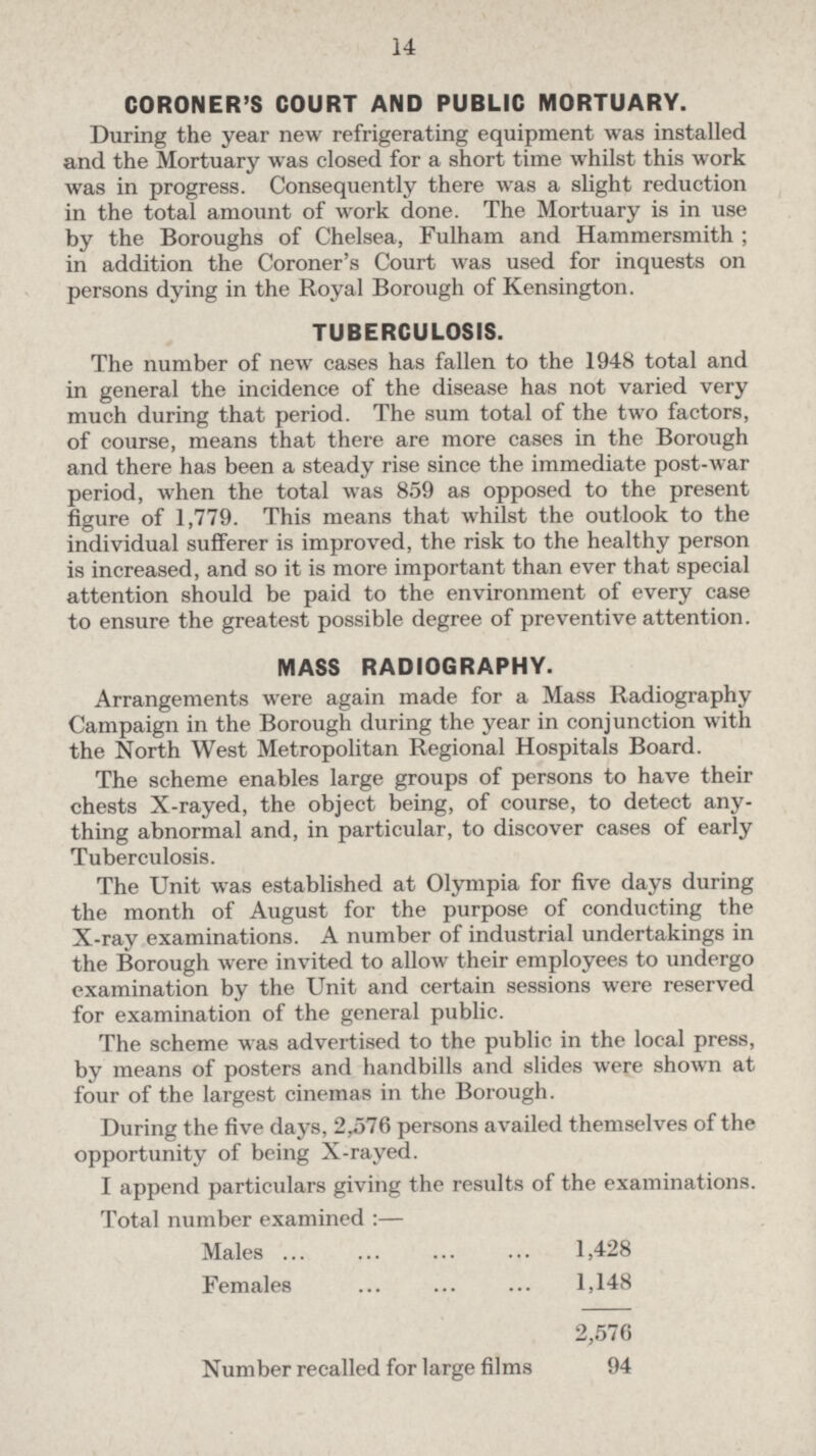 14 CORONER'S COURT AND PUBLIC MORTUARY. During the year new refrigerating equipment was installed and the Mortuary was closed for a short time whilst this work was in progress. Consequently there was a slight reduction in the total amount of work done. The Mortuary is in use by the Boroughs of Chelsea, Fulham and Hammersmith ; in addition the Coroner's Court was used for inquests on persons dying in the Royal Borough of Kensington. TUBERCULOSIS. The number of new cases has fallen to the 1948 total and in general the incidence of the disease has not varied very much during that period. The sum total of the two factors, of course, means that there are more cases in the Borough and there has been a steady rise since the immediate post-war period, when the total was 859 as opposed to the present figure of 1,779. This means that whilst the outlook to the individual sufferer is improved, the risk to the healthy person is increased, and so it is more important than ever that special attention should be paid to the environment of every case to ensure the greatest possible degree of preventive attention. MASS RADIOGRAPHY. Arrangements were again made for a Mass Radiography Campaign in the Borough during the year in conjunction with the North West Metropolitan Regional Hospitals Board. The scheme enables large groups of persons to have their chests X-rayed, the object being, of course, to detect anything abnormal and, in particular, to discover cases of early Tuberculosis. The Unit was established at Olympia for five days during the month of August for the purpose of conducting the X-ray examinations. A number of industrial undertakings in the Borough were invited to allow their employees to undergo examination by the Unit and certain sessions were reserved for examination of the general public. The scheme was advertised to the public in the local press, by means of posters and handbills and slides were shown at four of the largest cinemas in the Borough.