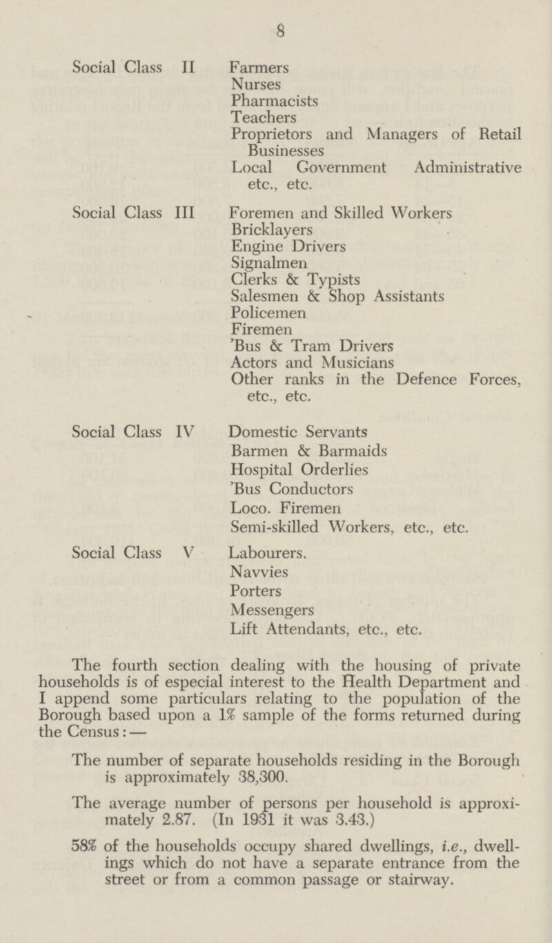 8 Social Class II Farmers Nurses Pharmacists Teachers Proprietors and Managers of Retail Businesses Local Government Administrative etc., etc. Social Class III Foremen and Skilled Workers Bricklayers Engine Drivers Signalmen Clerks & Typists Salesmen & Shop Assistants Policemen Firemen 'Bus & Tram Drivers Actors and Musicians Other ranks in the Defence Forces, etc., etc. Social Class IV Domestic Servants Barmen & Barmaids Hospital Orderlies 'Bus Conductors Loco. Firemen Semi-skilled Workers, etc., etc. Social Class V Labourers. Navvies Porters Messengers Lift Attendants, etc., etc. The fourth section dealing with the housing of private households is of especial interest to the Health Department and I append some particulars relating to the population of the Borough based upon a \% sample of the forms returned during the Census: — The number of separate households residing in the Borough is approximately 38,300. The average number of persons per household is approxi mately 2.87. (In 1931 it was 3.43.) 58% of the households occupy shared dwellings, i.e., dwell ings which do not have a separate entrance from the street or from a common passage or stairway.