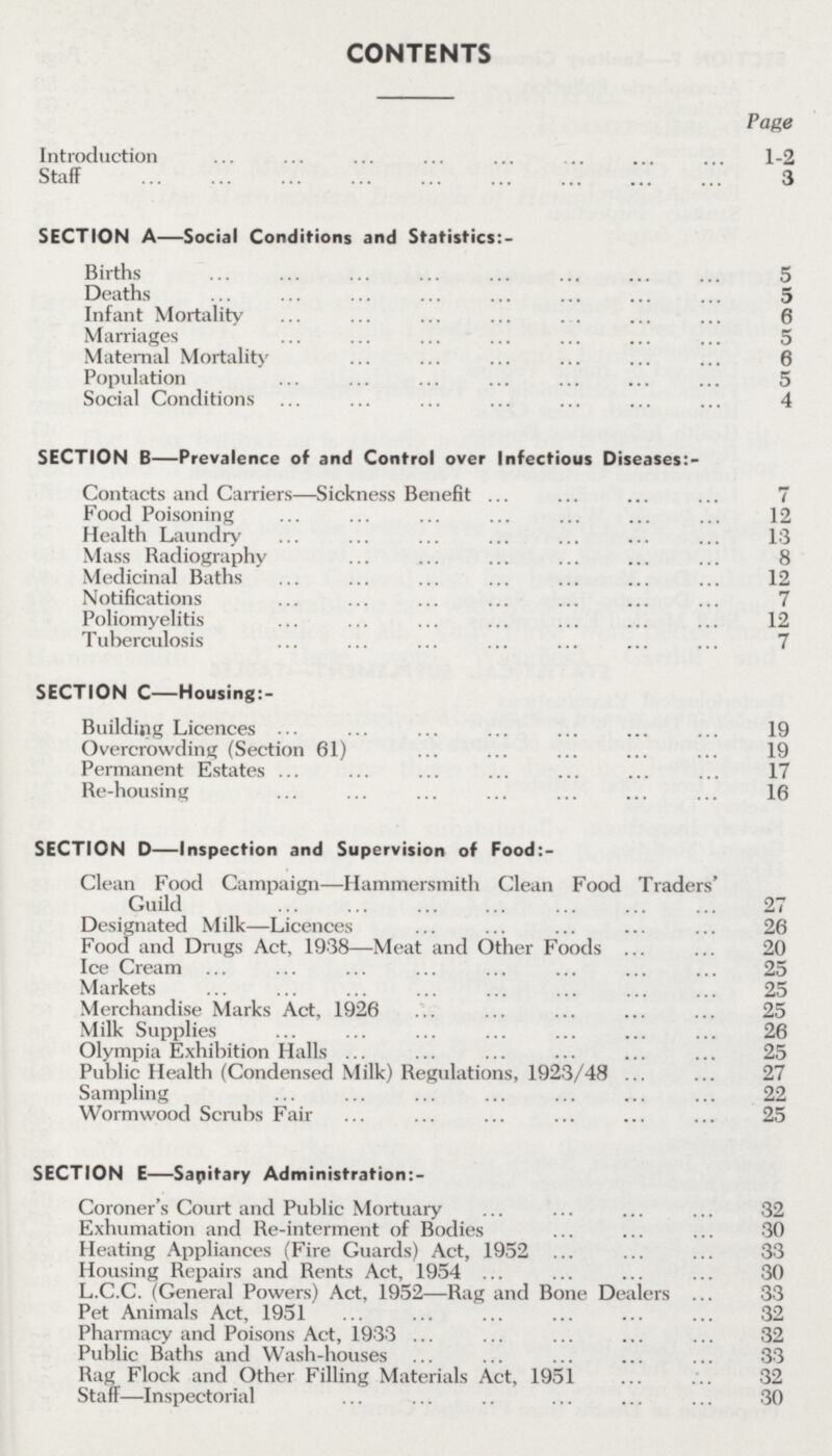 CONTENTS Page Introduction 1-2 Staff 3 SECTION A—Social Conditions and Statistics:- Births 5 Deaths 5 Infant Mortality 6 Marriages 5 Maternal Mortality 6 Population 5 Social Conditions 4 SECTION B—Prevalence of and Control over Infectious Diseases:- Contacts and Carriers—Sickness Benefit 7 Food Poisoning 12 Health Laundry 13 Mass Badiography 8 Medicinal Baths 12 Notifications 7 Poliomyelitis 12 Tuberculosis 7 SECTION C—Housing:- Building Licences 19 Overcrowding (Section 61) 19 Permanent Estates 17 Be-housing 16 SECTION D—Inspection and Supervision of Food:- Clean Food Campaign—Hammersmith Clean Food Traders' Guild 27 Designated Milk—Licences 26 Food and Drugs Act, 1938—Meat and Other Foods 20 Ice Cream 25 Markets 25 Merchandise Marks Act, 1926 25 Milk Supplies 26 Olympia Exhibition Halls 25 Public Health (Condensed Milk) Begulations, 1923/48 27 Sampling 22 Wormwood Scrubs Fair 25 SECTION E—Sapitary Administration:- Coroner's Court and Public Mortuary 32 Exhumation and Be-interment of Bodies 30 Heating Appliances (Fire Guards) Act, 1952 33 Housing Bepairs and Bents Act, 1954 30 L.C.C. (General Powers) Act, 1952—Bag and Bone Dealers 33 Pet Animals Act, 1951 32 Pharmacy and Poisons Act, 1933 32 Public Baths and Wash-houses 33 Bag Flock and Other Filling Materials Act, 1951 32 Staff—Inspectorial 30