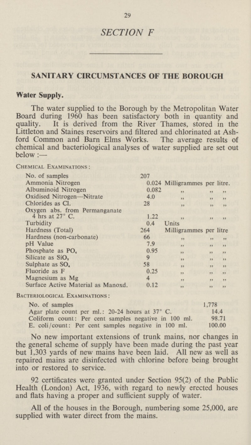 29 SECTION F SANITARY CIRCUMSTANCES OF THE BOROUGH Water Supply. The water supplied to the Borough by the Metropolitan Water Board during 1960 has been satisfactory both in quantity and quality. It is derived from the River Thames, stored in the Littleton and Staines reservoirs and filtered and chlorinated at Ashford Common and Barn Elms Works. The average results of chemical and bacteriological analyses of water supplied are set out below:— Chemical Examinations: No. of samples 207 Ammonia Nitrogen 0.024 Milligrammes per litre. Albuminoid Nitrogen 0.082 „ „ „ Oxidised Nitrogen—Nitrate 4.0 „ „ „ Chlorides as C1. 28 „ „ „ Oxygen abs. from Permanganate 4 hrs at 27° C. 1.22 „ „ „ Turbidity 0.4 Units Hardness (Total) 264 Milligrammes per litre Hardness (non-carbonate) 66 „ „ „ pH Value 7.9 „ „ „ Phosphate as PO4 0.95 „ „ „ Silicate as SiO2 9 „ „ „ Sulphate as SO4 58 ,, „ „ Fluoride as F 0.25 „ „ „ Magnesium as Mg 4 „ „ „ Surface Active Material as Manoxd. 0.12 „ „ „ Bacteriological Examinations: No. of samples 1,778 Agar plate count per ml.: 20-24 hours at 37° C. 14.4 Coliform count: Per cent samples negative in 100 ml. 98.71 E. coli/count: Per cent samples negative in 100 ml. 100.00 No new important extensions of trunk mains, nor changes in the general scheme of supply have been made during the past year but 1,303 yards of new mains have been laid. All new as well as repaired mains are disinfected with chlorine before being brought into or restored to service. 92 certificates were granted under Section 95(2) of the Public Health (London) Act, 1936, with regard to newly erected houses and flats having a proper and sufficient supply of water. All of the houses in the Borough, numbering some 25,000, are supplied with water direct from the mains.