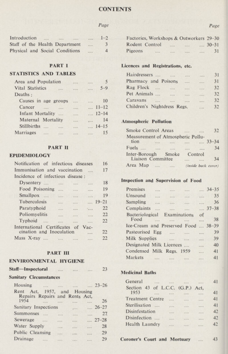 CONTENTS Page Introduction 1-2 Staff of the Health Department 3 Physical and Social Conditions 4 PART 1 STATISTICS AND TABLES Area and Population 5 Vital Statistics 5-9 Deaths: Causes in age groups 10 Cancer 11-12 Infant Mortality 12-14 Maternal Mortality 14 Stillbirths 14-15 Marriages 15 PART II EPIDEMIOLOGY Notification of infectious diseases 16 Immunisation and vaccination 17 Incidence of infectious disease: Dysentery 18 Food Poisoning 19 Smallpox 19 Tuberculosis 19-21 Paratyphoid 22 Poliomyelitis 22 Typhoid 22 International Certificates of Vac cination and Inoculation 22 Mass X-ray 22 PART III ENVIRONMENTAL HYGIENE Staff—Inspectoral 23 Sanitary Circumstances Housing 23-26 Rent Act, 1957, and Housing Repairs Repairs and Rents Act, 1954 26 Sanitary Inspections 26-27 Summonses 27 Sewerage 27-28 Water Supply 28 Public Cleansing 29 Drainage 29 Page Factories, Workshops & Outworkers 29-30 Rodent Control 30-31 Pigeons 31 Licences and Registrations, etc. Hairdressers 31 Pharmacy and Poisons 31 Rag Flock 32 Pet Animals 32 Caravans 32 Children's Nightdress Regs 32 Atmospheric Pollution Smoke Control Areas 32 Measurement of Atmospheric Pollu tion 33-34 Fuels 34 Inter-Borough Smoke Control Liaison Committee 34 Area Map (inside back covcrj Inspection and Supervision of Food Premises 34-35 Unsound 35 Sampling 36 Complaints 37-38 Bacteriological Examinations of Food 38 Ice-Cream and Preserved Food 38-39 Pasteurised Egg 39 Milk Supplies 39 Designated Milk Licences 40 Condensed Milk Regs. 1959 41 Markets 41 Medicinal Baths General 41 Section 43 of L.C.C. (G.P.) Act, 1953 41 Treatment Centre 41 Sterilisation 41 Disinfestation 42 Disinfection 42 Health Laundry 42 Coroner's Court and Mortuary 43