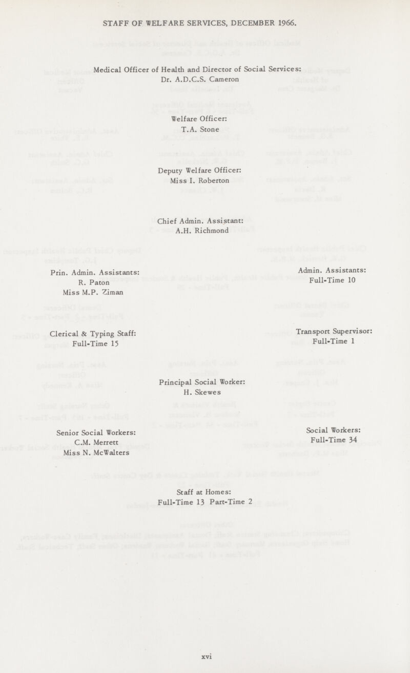 STAFF OF WELFARE SERVICES, DECEMBER 1966. Medical Officer of Health and Director of Social Services: Dr. A.D.C.S. Cameron Welfare Officer: T.A. Stone Deputy Welfare Officer: Miss I. Roberton Chief Admin. Assistant: A.H. Richmond Prin. Admin. Assistants: R. Paton Miss M.P. Ziman Admin. Assistants: Full-Time 10 Clerical & Typing Staff: Full-Time 15 Transport Supervisor: Full-Time 1 Principal Social Worker: H. Skewes Senior Social Workers: C.M. Merrett Miss N. McWalters Social Workers: Full-Time 34 Staff at Homes: Full-Time 13 Part-Time 2 xvi