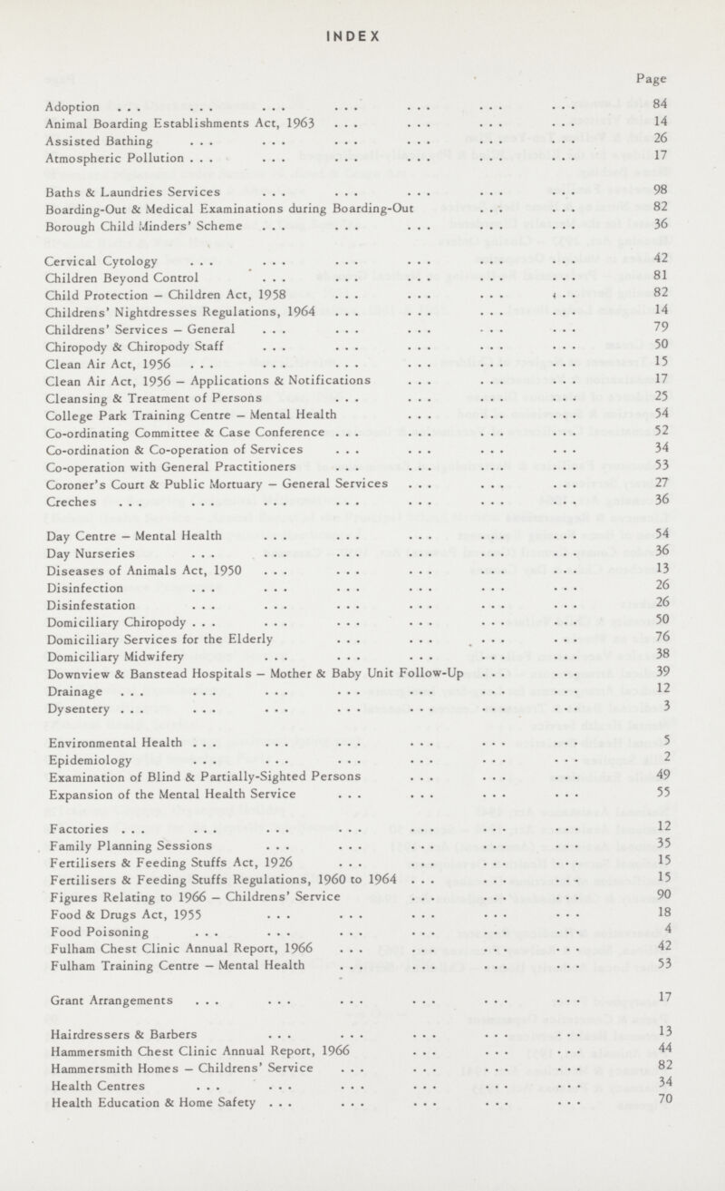 INDEX Page Adoption 84 Animal Boarding Establishments Act, 1963 14 Assisted Bathing 26 Atmospheric Pollution 17 Baths & Laundries Services 98 Boarding-Out & Medical Examinations during Boarding-Out 82 Borough Child Minders' Scheme 36 Cervical Cytology 42 Children Beyond Control 81 Child Protection — Children Act, 1958 82 Childrens' Nightdresses Regulations, 1964 14 Childrens' Services — General 79 Chiropody & Chiropody Staff 50 Clean Air Act, 1956 15 Clean Air Act, 1956 — Applications & Notifications 17 Cleansing & Treatment of Persons 25 College Park Training Centre — Mental Health 54 Co-ordinating Committee & Case Conference 52 Co-ordination & Co-operation of Services 34 Co-operation with General Practitioners 53 Coroner's Court & Public Mortuary — General Services 27 Creches 36 Day Centre — Mental Health 54 Day Nurseries 36 Diseases of Animals Act, 1950 13 Disinfection 26 Disinfestation 26 Domiciliary Chiropody 50 Domiciliary Services for the Elderly 76 Domiciliary Midwifery 38 Downview & Banstead Hospitals — Mother & Baby Unit Follow-Up 39 Drainage 12 Dysentery 3 Environmental Health 5 Epidemiology 2 Examination of Blind & Partially-Sighted Persons 49 Expansion of the Mental Health Service 55 Factories 12 Family Planning Sessions 35 Fertilisers & Feeding Stuffs Act, 1926 15 Fertilisers & Feeding Stuffs Regulations, I960 to 1964 15 Figures Relating to 1966 — Childrens' Service 90 Food & Drugs Act, 1955 18 Food Poisoning 4 Fulham Chest Clinic Annual Report, 1966 42 Fulham Training Centre — Mental Health 53 Grant Arrangements 17 Hairdressers & Barbers 13 Hammersmith Chest Clinic Annual Report, 1966 44 Hammersmith Homes — Childrens' Service 82 Health Centres 34 Health Education & Home Safety 70