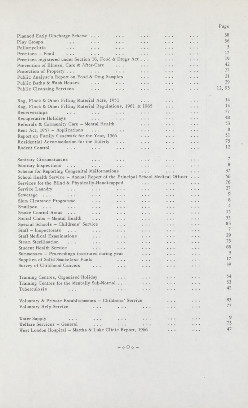 Page Planned Early Discharge Scheme 38 Play Groups 36 Poliomyelitis 3 Premises — Food 17 Premises registered under Section 16, Food & Drugs Act 19 Prevention of Illness, Care & After-Care 42 Protection of Property 77 Public Analyst's Report on Food & Drug Samples 21 Public Baths & Wash Houses 29 Public Cleansing Services 12, 93 Rag, Flock & Other Filling Material Acts, 1951 14 Rag, Flock & Other Filling Material Regulations, 1961 & 1965 14 Receiverships 77 Recuperative Holidays 48 Referrals & Community Care — Mental Health 53 Rent Act, 1957 — Applications 8 Report on Family Casework for the Year, 1966 51 Residential Accommodation for the Elderly 75 Rodent Control 12 Sanitary Circumstances 7 Sanitary Inspections 8 Scheme for Reporting Congenital Malformations 37 School Health Service — Annual Report of the Principal School Medical Officer 56 Services for the Blind & Physically-Handicapped 76 Service Laundry 27 Sewerage 9 Slum Clearance Programme 8 Smallpox 4 Smoke Control Areas 15 Social Clubs — Mental Health 55 Special Schools — Childrens' Service 83 Staff — Inspectorate 7 Staff Medical Examinations 29 Steam Sterilisation 25 Student Health Service 68 Summonses — Proceedings instituted during year 9 Supplies of Solid Smokeless Fuels 17 Survey of Childhood Cancers 39 Training Centres, Organised Holiday 54 Training Centres for the Mentally Sub-Normal 53 Tuberculosis 42 Voluntary & Private Establishments — Childrens' Service 83 Voluntary Help Service 77 Water Supply 9 Welfare Services — General 73 West London Hospital — Martha & Luke Clinic Report, 1966 47