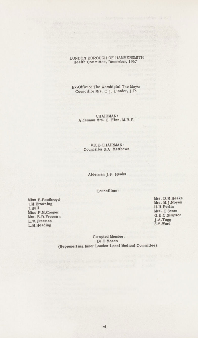 LONDON BOROUGH OF HAMMERSMITH Health Committee, December, 1967 Ex-Officio: The Worshipful The Mayor Councillor Mrs. C.J. Liardet, J.P. CHAIRMAN: Alderman Mrs. E. Finn, M.B.E. VICE-CHAIRMAN: Councillor S.A. Matthews Alderman J.F. Heaks Councillors: Miss B.Boothroyd Mrs. D.M.Heaks J.M.Browning Mrs. M.J.Noyes J.Bull H.H.Perlin Miss P.M.Cooper Mrs. E.Sears Mrs. E.D.Freeman G.E.C.Simpson L.W.Freeman J.A.Tagg L.M.Heading S.E.Ward Co-opted Member: Dr.O.Moses (Represerting Inner London Local Medical Committee) vi