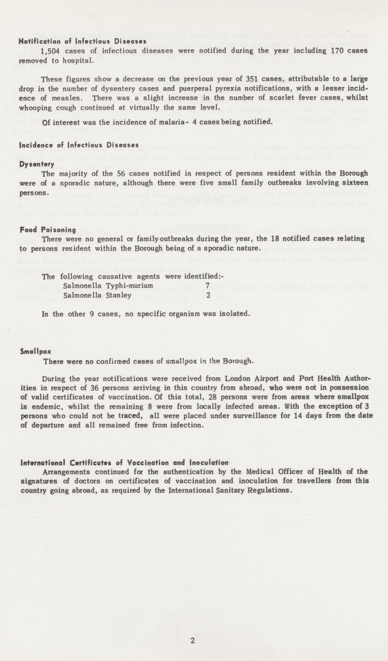 Notification of Infectious Diseases 1,504 cases of infectious diseases were notified during the year including 170 cases removed to hospital. These figures show a decrease on the previous year of 351 cases, attributable to a large drop in the number of dysentery cases and puerperal pyrexia notifications, with a lesser incid ence of measles. There was a slight increase in the number of scarlet fever cases, whilst whooping cough continued at virtually the same level. Of interest was the incidence of malaria- 4 cases being notified. Incidence of Infectious Diseases Dysentery The majority of the 56 cases notified in respect of persons resident within the Borough were of a sporadic nature, although there were five small family outbreaks involving sixteen persons. Food Poisoning There were no general or family outbreaks during the year, the 18 notified cases relating to persons resident within the Borough being of a sporadic nature. The following causative agents were identified Salmonella Typhi-murium 7 Salmonella Stanley 2 In the other 9 cases, no specific organism was isolated. Smallpox There were no confirmed cases of smallpox in the Borough. During the year notifications were received from London Airport and Port Health Author ities in respect of 36 persons arriving in this country from abroad, who were not in possession of valid certificates of vaccination. Of this total, 28 persons were from areas where smallpox is endemic, whilst the remaining 8 were from locally infected areas. With the exception of 3 persons who could not be traced, all were placed under surveillance for 14 days from the date of departure and all remained free from infection. International Certificates of Vaccination and Inoculation Arrangements continued for the authentication by the Medical Officer of Health of the signatures of doctors on certificates of vaccination and inoculation for travellers from this country going abroad, as required by the International Sanitary Regulations. 2