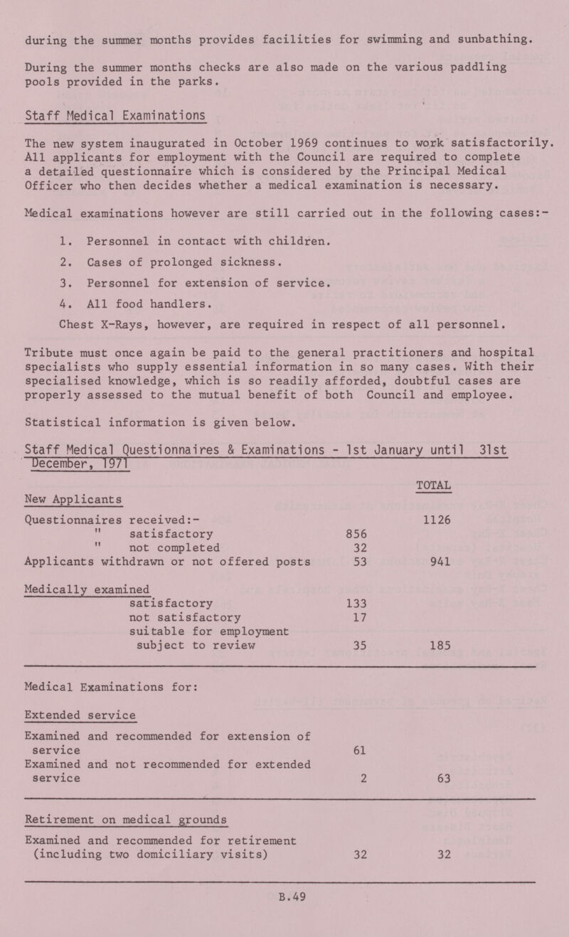 during the summer months provides facilities for swimming and sunbathing. During the summer months checks are also made on the various paddling pools provided in the parks. Staff Medical Examinations The new system inaugurated in October 1969 continues to work satisfactorily. All applicants for employment with the Council are required to complete a detailed questionnaire which is considered by the Principal Medical Officer who then decides whether a medical examination is necessary. Medical examinations however are still carried out in the following cases 1. Personnel in contact with children. 2. Cases of prolonged sickness. 3. Personnel for extension of service. 4. All food handlers. Chest X-Rays, however, are required in respect of all personnel. Tribute must once again be paid to the general practitioners and hospital specialists who supply essential information in so many cases. With their specialised knowledge, which is so readily afforded, doubtful cases are properly assessed to the mutual benefit of both Council and employee. Statistical information is given below. Staff Medical Questionnaires & Examinations - 1st January until 31st December, 1971 New Applicants TOTAL Questionnaires received:- 1126  satisfactory 856  not completed 32 Applicants withdrawn or not offered posts 53 941 Medically examined satisfactory 133 not satisfactory 17 suitable for employment subject to review 35 185 Medical Examinations for: Extended service Examined and recommended for extension of service 61 Examined and not recommended for extended service 2 63 Retirement on medical grounds Examined and recommended for retirement (including two domiciliary visits) 32 32