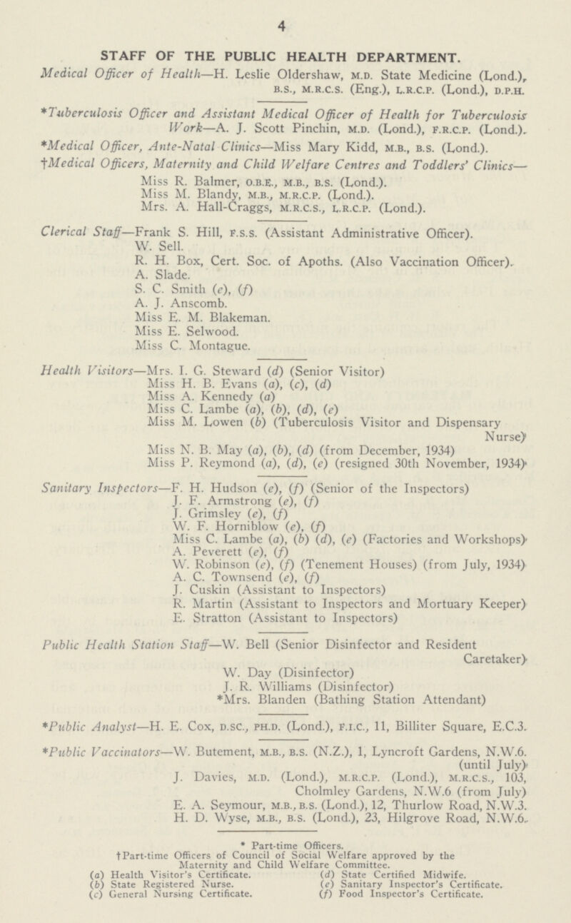 4 STAFF OF THE PUBLIC HEALTH DEPARTMENT. Medical Officer of Health—h. Leslie Oldershaw, m.d. State Medicine (Lond.), b.s., m.r.c.s. (Eng.), l.r.c.p. (Lond.), d.p.h. *Tuberculosis Officer and. Assistant Medical Officer of Health for Tuberculosis Work—A. J. Scott Pinchin, m.d. (Lond.), f.r.c.p. (Lond.). *Medical Officer, Ante-Natal Clinics—Miss Mary Kidd, m.b., b.s. (Lond.). †Medical Officers, Maternity and Child Welfare Centres and Toddlers' Clinics— Miss R. Balmer, o.b.e., m.b., b.s. (Lond.). Miss M. Blandy, m.b., m.r.c.p. (Lond.). Mrs. A. Hall-Craggs, m.r.c.s., l.r.c.p. (Lond.). Clerical Staff—Frank S. Hill, F.s.s. (Assistant Administrative Officer). W. Sell. R. H. Box, Cert. Soc. of Apoths. (Also Vaccination Officer). A. Slade. S. C. Smith (e), (f) A. J. Anscomb. Miss E. M. Blakeman. Miss E. Selwood. Miss C. Montague. Health Visitors—Mrs. I. G. Steward (d) (Senior Visitor) Miss H. B. Evans (a), (c), (d) Miss A. Kennedy (a) Miss C. Lambe (a), (b), (d), (e) Miss M. Lowen (b) (Tuberculosis Visitor and Dispensary Nurse) Miss N. B. May (o), (b), (d) (from December, 1934) Miss P. Reymond (a), (d), (e) (resigned 30th November, 1934) Sanitary Inspectors—F. H. Hudson (e), (f) (Senior of the Inspectors) J. F. Armstrong (e), (f) J. Grimsley (e), (f) W. F. Horniblow (e), (f) Miss C. Lambe (a), (6) (d), (e) (Factories and Workshops) A. Peverett (e), (f) W. Robinson (e), (f) (Tenement Houses) (from July, 1934) A. C. Townsend (e), (f) J. Cuskin (Assistant to Inspectors) R. Martin (Assistant to Inspectors and Mortuary Keeper) E. Stratton (Assistant to Inspectors) Public Health Station Staff—W. Bell (Senior Disinfector and Resident Caretaker) W. Day (Disinfector) J. R. Williams (Disinfector) *Mrs. Blanden (Bathing Station Attendant) *Public Analyst—H. E. Cox, d.sc., ph.d. (Lond.), f.i.c., 11, Billiter Square, E.C.3, *Public Vaccinators—W. Butement, m.b., b.s. (N.Z.), 1, Lyncroft Gardens, N.W.6. (until July) J. Davies, m.d. (Lond.), m.r.c.p. (Lond.), m.r.c.s., 103, Cholmley Gardens, N.W.6 (from July) E. A. Seymour, m.b., b.s. (Lond ), 12, Thurlow Road, N.W.3. H. D. Wyse, m.b., b.s. (Lond.), 23, Hilgrove Road, N.W.6, * Part-time Officers. tPart-time Officers of Council of Social Welfare approved by the Maternity and Child Welfare Committee. (a) Health Visitor's Certificate. (d) State Certified Midwife. (b) State Registered Nurse. (e) Sanitary Inspector's Certificate. (c) General Nursing Certificate. (/) Food Inspector's Certificate.