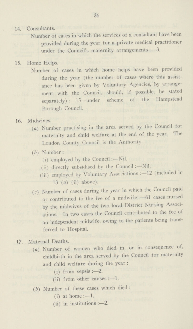 36 14. Consultants. Number of cases in which the services of a consultant have been provided during the year for a private medical practitioner under the Council's maternity arrangements:—3. 15. Home Helps. Number of cases in which home helps have been provided during the year (the number of cases where this assist ance has been given by Voluntary Agencies, by arrange ment with the Council, should, if possible, be stated separately) :—15—under scheme of the Hampstead Borough Council. 16. Midwives. (a) Number practising in the area served by the Council for maternity and child welfare at the end of the year. The L,ondon County Council is the Authority. (b) Number : (i) employed by the Council :—Nil. (ii) directly subsidised by the Council Nil. (iii) employed by Voluntary Associations:-12 (included in 13 (a) (ii) above). (<•) Number of cases during the year in which the Council paid or contributed to the fee of a midwife:—61 cases nursed by the midwives of the two local District Nursing Associ ations. In two cases the Council contributed to the fee of an independent midwife, owing to the patients being trans ferred to Hospital. 17. Maternal Deaths. (a) Number of women who died in, or in consequence of, childbirth in the area served by the Council for maternity and child welfare during the year: (i) from sepsis :—2. (ii) from other causes :—1. (b) Number of these cases which died : (i) at home :—1. (ii) in institutions :—2.