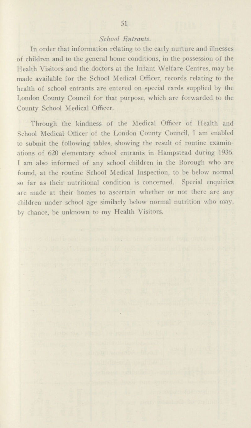51 School Entrants. In order that information relating to the early nurture and illnesses of children and to the general home conditions, in the possession of the Health Visitors and the doctors at the Infant Welfare Centres, may be made available for the School Medical Officer, records relating to the health of school entrants are entered on special cards supplied by the London County Council for that purpose, which are forwarded to the County School Medical Officer. Through the kindness of the Medical Officer of Health and School Medical Officer of the London County Council, I am enabled to submit the following tables, showing the result of routine examin ations of 620 elementary school entrants in Hampstead during 1936. I am also informed of any school children in the Borough who are found, at the routine School Medical Inspection, to be below normal so far as their nutritional condition is concerned. Special enquiries are made at their homes to ascertain whether or not there are any children under school age similarly below normal nutrition who may, by chance, be unknown to my Health Visitors.