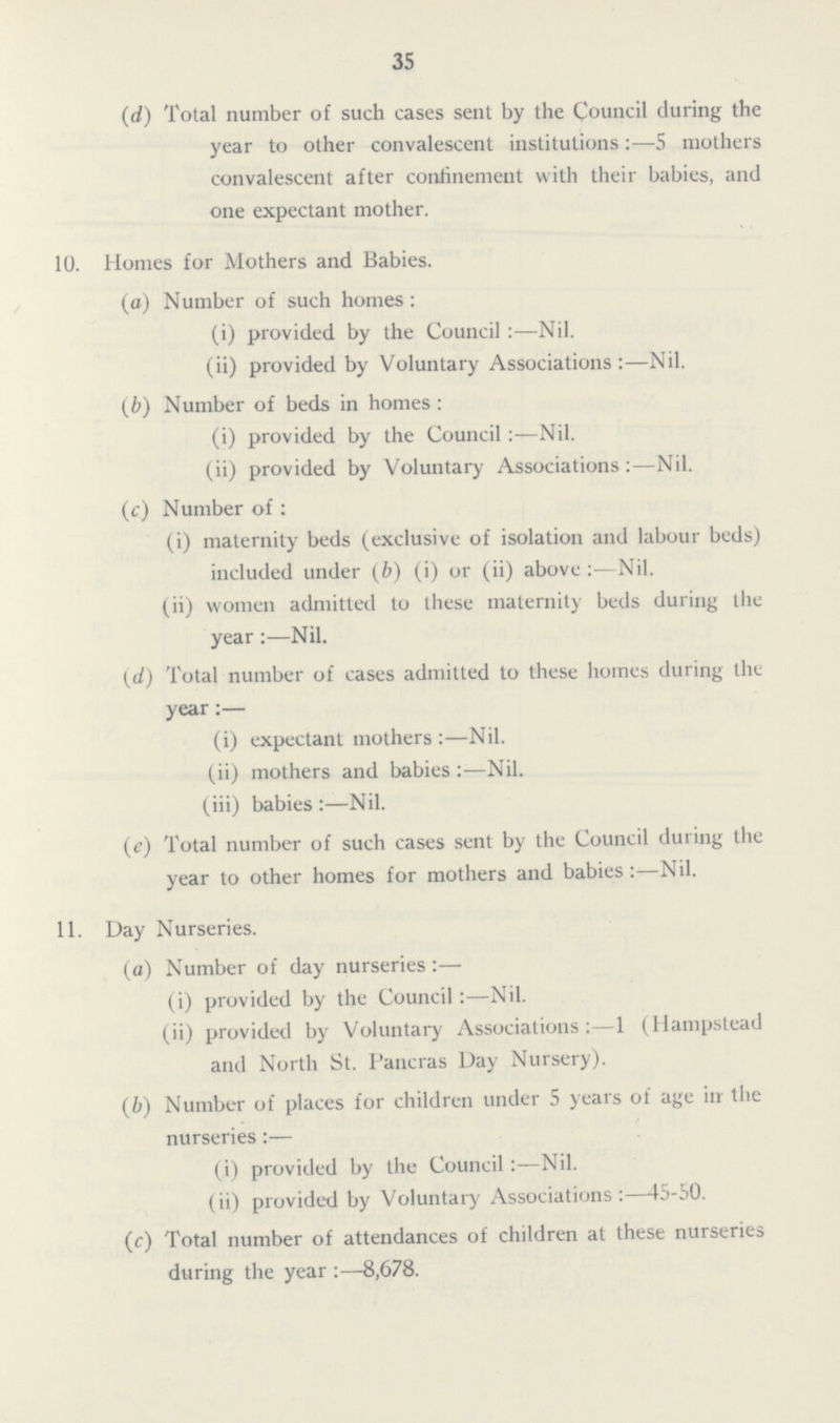 35 (d) Total number of such cases sent by the Council during the year to other convalescent institutions:—5 mothers convalescent after confinement with their babies, and one expectant mother. 10. Homes for Mothers and Babies. (a) Number of such homes: (i) provided by the Council:—Nil. (ii) provided by Voluntary Associations:—Nil. (b) Number of beds in homes: (i) provided by the Council:—Nil. (ii) provided by Voluntary Associations:—Nil. (c) Number of: (i) maternity beds (exclusive of isolation and labour beds) included under (6) (i) or (ii) above:—Nil. (ii) women admitted to these maternity beds during the year:—Nil. (d) Total number of cases admitted to these homes during the year:— (i) expectant mothers:—Nil. (ii) mothers and babies:—Nil. (iii) babies:—Nil. (e) Total number of such cases sent by the Council during the year to other homes for mothers and babies:—Nil. 11. Day Nurseries. (a) Number of day nurseries:— (i) provided by the Council:—Nil. (ii) provided by Voluntary Associations:—1 (Hampstead and North St. Pancras Day Nursery). (b) Number of places for children under 5 years of age in the nurseries:— (i) provided by the Council:—Nil. (ii) provided by Voluntary Associations:—45-50. (c) Total number of attendances of children at these nurseries during the year:—8,678.
