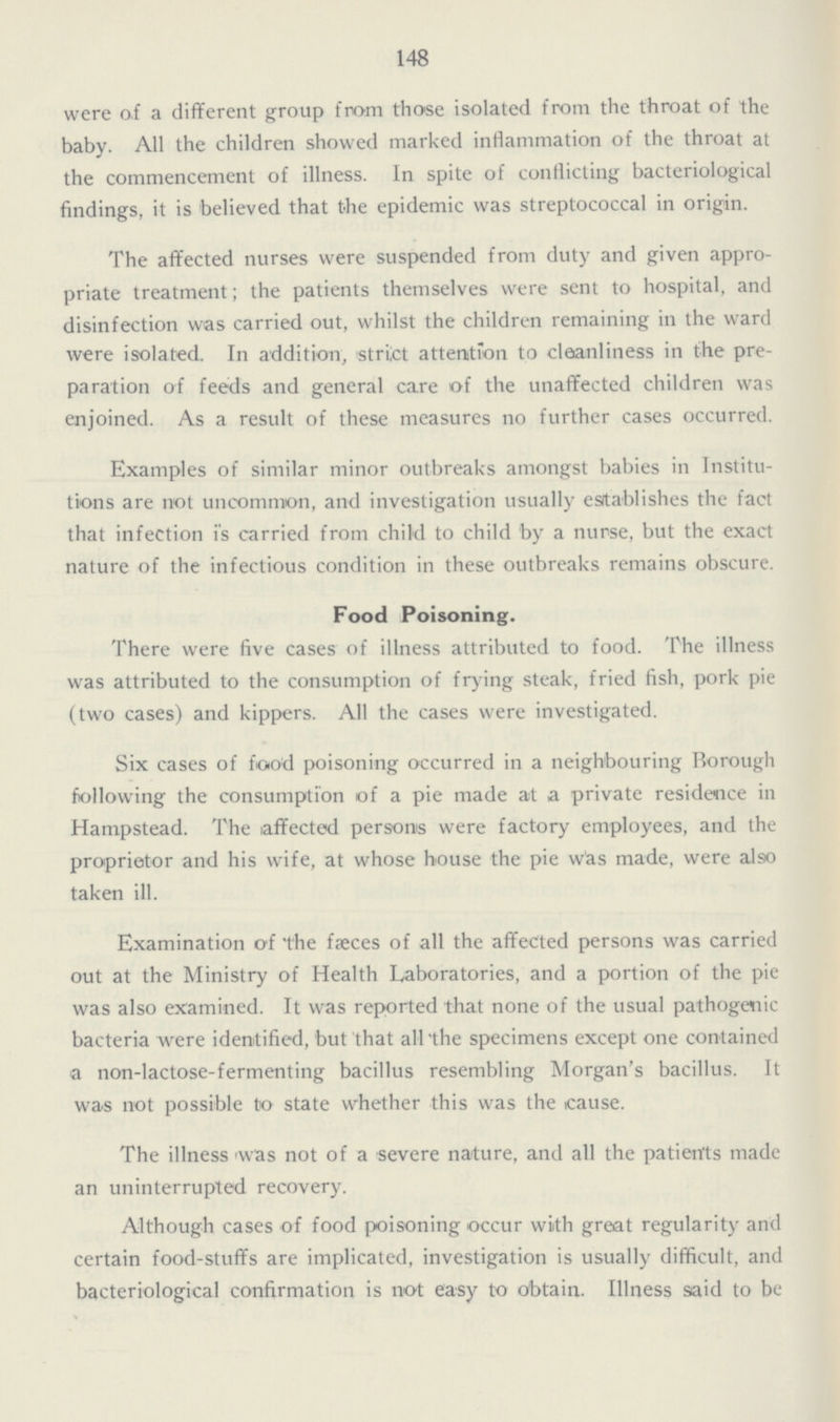 148 were of a different group from those isolated from the throat of the baby. All the children showed marked inflammation of the throat at the commencement of illness. In spite of conflicting bacteriological findings, it is believed that the epidemic was streptococcal in origin. The affected nurses were suspended from duty and given appro priate treatment; the patients themselves were sent to hospital, and disinfection was carried out, whilst the children remaining in the ward were isolated. In addition, strict attention to cleanliness in the pre paration of feeds and general care of the unaffected children was enjoined. As a result of these measures no further cases occurred. Examples of similar minor outbreaks amongst babies in Institu tions are not uncommon, and investigation usually establishes the fact that infection is carried from child to child by a nurse, but the exact nature of the infectious condition in these outbreaks remains obscure. Food Poisoning. There were five cases of illness attributed to food. The illness was attributed to the consumption of frying steak, fried fish, pork pie (two cases) and kippers. All the cases were investigated. Six cases of food poisoning occurred in a neighbouring Rorough following the consumption of a pie made at a private residence in Hampstead. The affected persons were factory employees, and the proprietor and his wife, at whose house the pie was made, were also taken ill. Examination of the faeces of all the affected persons was carried out at the Ministry of Health Laboratories, and a portion of the pie was also examined. It was reported that none of the usual pathogenic bacteria were identified, but that all the specimens except one contained a non-lactose-fermenting bacillus resembling Morgan's bacillus. It was not possible to state whether this was the cause. The illness was not of a severe nature, and all the patients made an uninterrupted recovery. Although cases of food poisoning occur with great regularity and certain food-stuffs are implicated, investigation is usually difficult, and bacteriological confirmation is not easy to obtain. Illness said to be