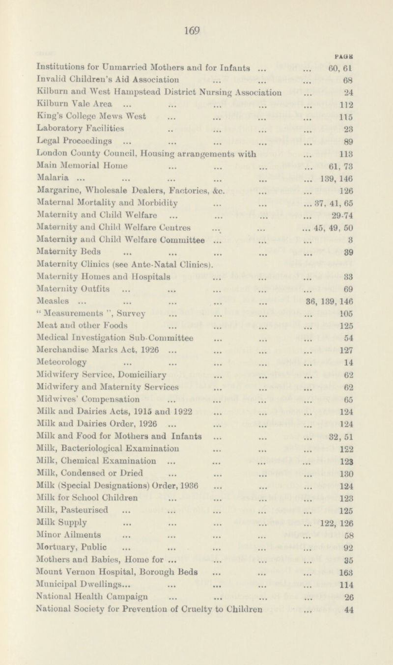 169 Page Institutions for Unmarried Mothers and for Infants 60, 61 Invalid Children's Aid Association 68 Kilburn and West Hampstead District Nursing Association 24 Kilburn Vale Area 112 King's College Mews West 115 Laboratory Facilities 23 Legal Proceedings 89 London County Council, Housing arrangements with 113 Main Memorial Home 61, 73 Malaria 139, 146 Margarine, Wholesale Dealers, Factories, &c. 126 Maternal Mortality and Morbidity 37, 41, 65 Maternity and Child Welfare 29-74 Maternity and Child Welfare Centres 45, 49, 50 Maternity and Child Welfare Committee 3 Maternity Beds 39 Maternity Clinics (see Ante-Natal Clinics). Maternity Homes and Hospitals 33 Maternity Outfits 69 Measles 36, 139, 146 Measurements,Survey 105 Meat and other Foods 125 Medical Investigation Sub-Committee 54 Merchandise Marks Act, 1926 127 Meteorology 14 Midwifery Service, Domiciliary 62 Midwifery and Maternity Services 62 Midwives' Compensation 65 Milk and Dairies Acts, 1915 and 1922 124 Milk and Dairies Order, 1926 124 Milk and Food for Mothers and Infants 32, 51 Milk, Bacteriological Examination 122 Milk, Chemical Examination 123 Milk, Condensed or Dried 130 Milk (Special Designations) Order, 1936 124 Milk for School Children 123 Milk, Pasteurised 125 Milk Supply 122, 126 Minor Ailments 58 Mortuary, Public 92 Mothers and Babies, Home for 35 Mount Vernon Hospital, Borough Beds 163 Municipal Dwellings 114 National Health Campaign 26 National Society for Prevention of Cruelty to Children 44