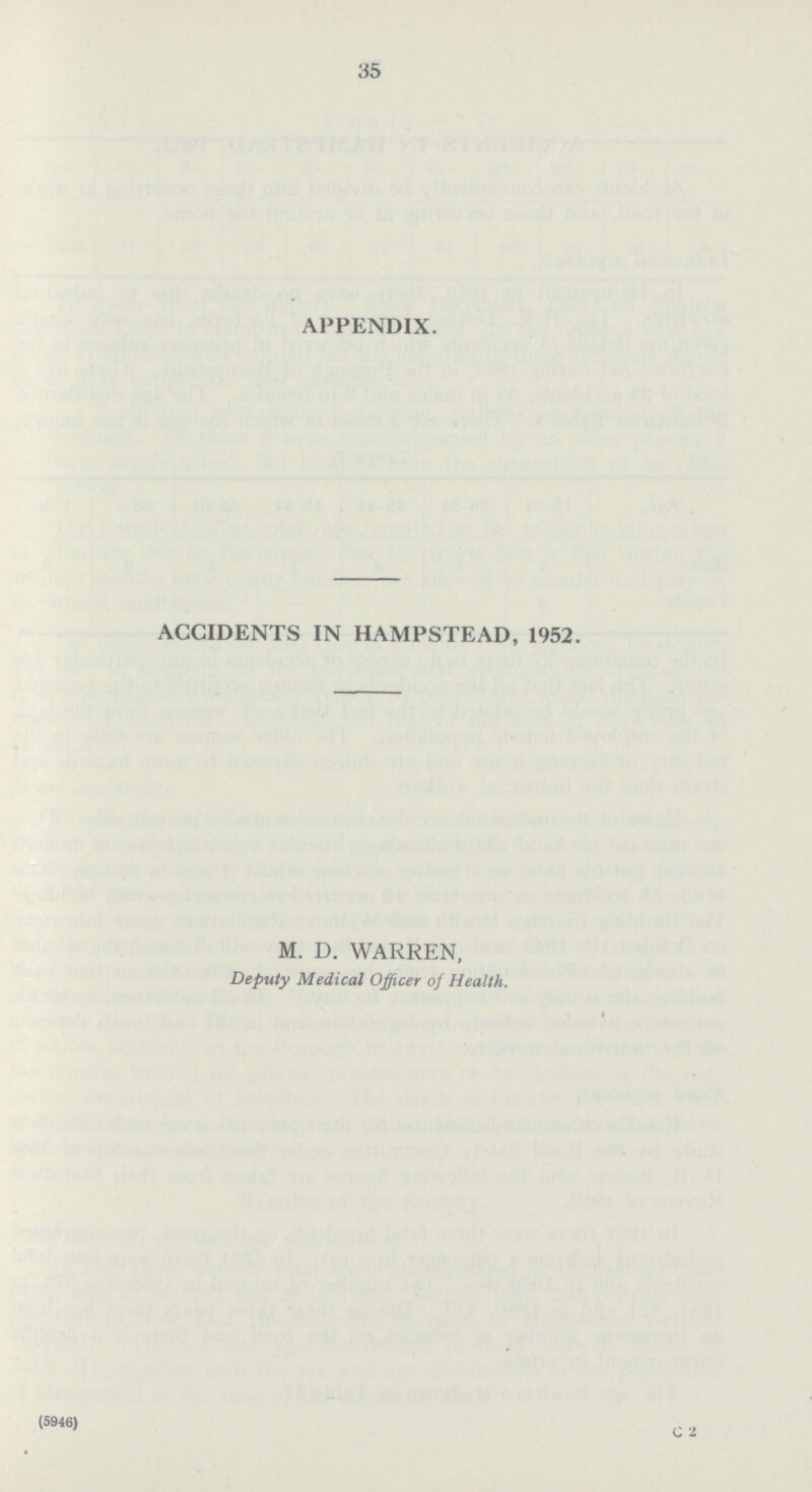 35 APPENDIX. ACCIDENTS IN HAMPSTEAD, 1952. M. D. WARREN, Deputy Medical Officer of Health. (5946) C2