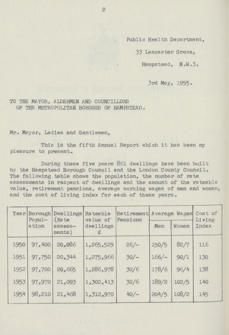 2 Public Health Department, 33 Lancaster Grove, Hampstead, N.W.3. 3rd May, 1955. TO THE MAYOR, ALDERMEN AND COUNCILLORS OF THE METROPOLITAN BOROUGH OF HAMPSTEAD. Mr. Mayor, Ladies and Gentlemen, This is the fifth Annual Report which it has been my pleasure to present. During these five years 861 dwellings have been built by the Hampstead Borough Council and the London County Council. The following table shows the population, the number of rate assessments in respect of dwellings and the amount of the rateable value, retirement pensions, average working wages of men and women, and the cost of living index for each of these years. Year Borough Popul ation Dwellings (Rate assess ments ) Rateable value of dwellings £ Retirement Pensions Average Wages Cost of Living Index Men Women 1950 97,400 20,086 1,265,529 26/- 150/5 82/7 116 1951 97,750 20,344 1,275,966 30/- 166/- 90/1 130 1952 97,700 20,665 1,286,978 32/6 178/6 96/4 138 1953 97,970 21,093 1,302,413 32/6 189/2 102/5 140 1954 98,210 21,468 1,312,970 40/- 204/5 108/2 145