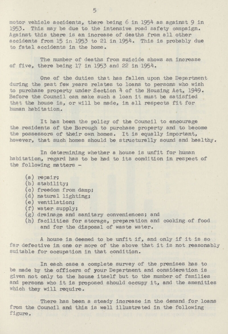 5 motor vehicle accidents, there being 6 in 1954 as against 9 in 1953. This may be due to the intensive road safety campaign. Against this there is an increase of deaths from all other accidents from 15 in 1953 to 21 in 1954. This is probably due to fatal accidents in the home. The number of deaths from suicide shows an increase of five, there being 17 in 1953 and 22 in 1954. One of the duties that has fallen upon the Department during the past few years relates to loans to persons who wish to purchase property under Section 4 of the Housing Act, 1949. Before the Council can make such a loan it must be satisfied that the house is, or will be made, in all respects fit for human habitation. It has been the policy of the Council to encourage the residents of the Borough to purchase property and to become the possessors of their own homes. It is equally important, however, that such homes should be structurally sound and healthy. In determining whether a house is unfit for human habitation, regard has to be had to its condition in respect of the following matters - (a) repair; (b) stability; (c) freedom from damp; (d) natural lighting; (e) ventilation; (f) water supply; (g) drainage and sanitary conveniences; and (h) facilities for storage, preparation and cooking of food and for the disposal of waste water. A house is deemed to be unfit if, and only if it is so far defective in one or more of the above that it is not reasonably suitable for occupation in that condition. In each case a complete survey of the premises has to be made by the officers of your Department and consideration is given not only to the house itself but to the number of families and persons who it Is proposed should occupy it, and the amenities which they will require. There has been a steady increase in the demand for loans from the Council and this is well illustrated in the following figure.
