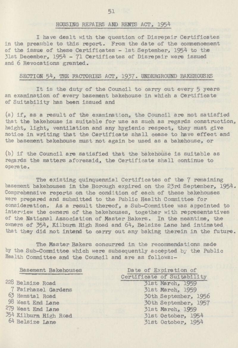 51 HOUSING REPAIRS AND RENTS ACT, 1954 I have dealt with the question of Disrepair Certificates in the preamble to this report. From the date of the commencement of the issue of these Certificates - 1st September, 1954 to the 31st December, 1954 - 71 Certificates of Disrepair were issued and 6 Revocations granted. SECTION 54, THE FACTORIES ACT, 1937. UNDERGROUND BAKEHOUSES It is the duty of the Council to carry out every 5 years an examination of every basement bakehouse in which a Certificate of Suitability has been issued and (a) if, as a result of the examination, the Council are not satisfied that the bakehouse is suitable for use as such as regards construction, height, light, ventilation and any hygienic respect, they must give notice in writing that the Certificate shall cease to have effect and the basement bakehouse must not again be used as a bakehouse, or (b) if the Council are satisfied that the bakehouse is suitable as regards the matters aforesaid, the Certificate shall oontinue to operate. The existing quinquennial Certificates of the 7 remaining basement bakehouses in the Borough expired on the 23rd September, 1954. Comprehensive reports on the condition of each of these bakehouses were prepared and submitted to the Public Health Committee for consideration. As a result thereof, a Sub-Committee was appointed to interview the owners of the bakehouses, together with representatives of the National Association of Master Bakers. In the meantime, the owners of 354, Kilburn High Road and 64, Belsize Lane had intimated that they did not intend to carry out any baking therein in the future. The Master Bakers concurred in the recommendations made by the Sub-Committee which were subsequently accepted by the Public Health Committee and the Council and are as follows:- Basement Bakehouses Date of Expiration of Certificate of Suitability 228 Belsize Road 31st March, 1959 7 Fairhazel Gardens 3lst March, 1959 63 Hemstal Road 30th September, 1956 98 West End Lane 30th September, 1957 279 West End Lane 31st March, 1959 354 Kilburn High Road 31st October, 1954 64 Belsize Lane 31st October, 1954