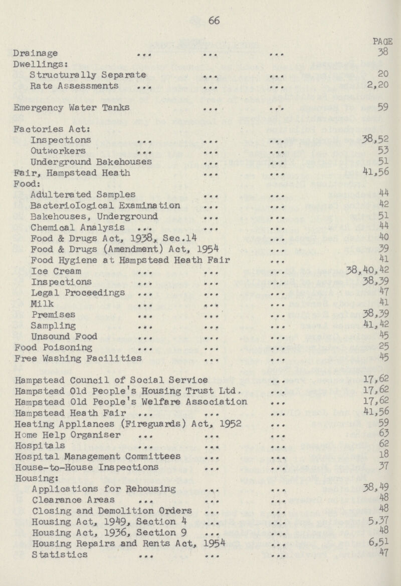 66 PAGE Drainage 38 Dwellings: Structurally Separate 20 Rate Assessments 2,20 Emergency Water Tanks 59 Factories Act: Inspections 38,52 Outworkers 53 Underground Bakehouses 51 Fair, Hampstead Heath 41, 56 Food: Adulterated Samples 44 Bacteriological Examination 42 Bakehouses, Underground 51 Chemical Analysis 44 Food & Drugs Act, 1938, Sec. l4 40 Food & Drugs (Amendment) Act, 1954 39 Food Hygiene at Hampstead Heath Fair 4l Ice Cream 38, 40, 42 Inspections 38, 39 Legal Proceedings 47 Milk41 Premises 38,39 Sampling4l,42 Unsound Food 45 Food Poisoning 25 Free Washing Facilities 45 Hampstead Council of Social Service 17, 62 Hampstead Old People's Housing Trust Ltd, 17, 62 Hampstead Old People's Welfare Association 17, 62 Hampstead Heath Fair 41, 56 Heating Appliances (Fireguards) Act, 1952 59 Home Help Organiser 63 Hospitals 62 Hospital Management Committees l8 House- to -House Inspections 37 Housing: Applications for Rehousing 38, 49 Clearance Areas 48 Closing and Demolition Orders 48 Housing Act, 1949, Section 4 5,37 Housing Act, 1936, Section 9 48 Housing Repairs and Rents Act, 1954 6, 51 Statistics 47
