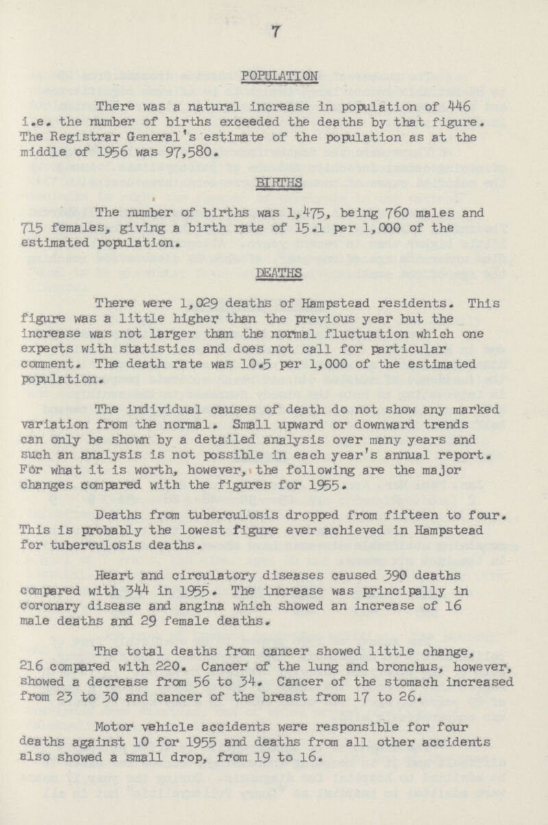 7 POPULATION There was a natural increase in population of 446 i.e. the number of births exceeded the deaths by that figure. The Registrar General's estimate of the population as at the middle of 1956 was 97,580. BIRTHS The number of births was 1,475, being 760 males and 715 females, giving a birth rate of 15.1 per 1,000 of the estimated population. DEATHS There were 1,029 deaths of Hampstead residents. This figure was a little higher than the previous year but the increase was not larger than the normal fluctuation which one expects with statistics and does not call for particular comment. The death rate was 10.5 per 1,000 of the estimated population. The individual causes of death do not show any marked variation from the normal. Small upward or downward trends can only be shown by a detailed analysis over many years and such an analysis is not possible in each year's annual report. F6r what it is worth, however, the following are the major changes compared with the figures for 1955. Deaths from tuberculosis dropped from fifteen to four. This is probably the lowest figure ever achieved in Hampstead for tuberculosis deaths. Heart and circulatory diseases caused 390 deaths compared with 344 in 1955.The increase was principally in coronary disease and angina which showed an increase of 16 male deaths and 29 female deaths. The total deaths from cancer showed little change, 216 compared with 220. Cancer of the lung and bronchus, however, showed a decrease from 56 to 34. Cancer of the stomach increased from 23 to 30 and cancer of the breast from 17 to 26. Motor vehicle accidents were responsible for four deaths against 10 for 1955 and deaths from all other accidents also showed a small drop, from 19 to 16.