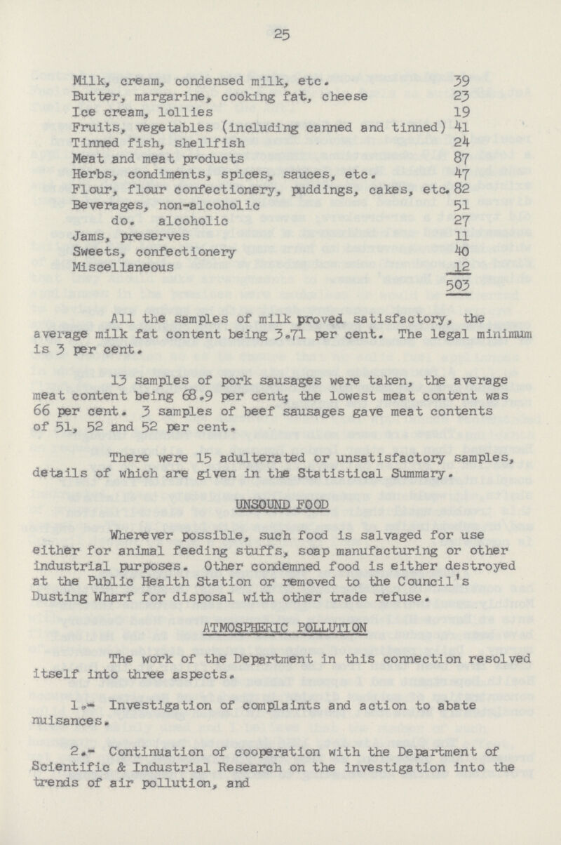 25 Milk, cream, condensed milk, etc. 39 Butter, margarine, cooking fat, cheese 25 Ice cream, lollies 19 Fruits, vegetables (including canned and tinned) 4l Tinned fish, shellfish 24 Meat and meat products 87 Herbs, condiments, spices, sauces, etc. 47 Flour, flour confectionery, puddings, cakes, etc. 82 Beverages, non-alcoholic 51 do. alcoholic 27 Jams, preserves 11 Sweets, confectionery 40 Miscellaneous 12 503 All the samples of milk proved satisfactory, the average milk fat content being 3.71 per cent. The legal miniraui is 3 per cent. 13 samples of pork sausages were taken, the average meat content being 68.9 per cent; the lowest meat content was 66 per cent. 3 samples of beef sausages gave meat contents of 51, 52 and 52 per cent. There were 15 adulterated or unsatisfactory samples, details of which are given in the Statistical Summary. UNSOUND FOOD Wherever possible, such food is salvaged for use either for animal feeding stuffs, soap manufacturing or other industrial purposes. Other condemned food is either destroyed at the Public Health Station or removed to the Council's Dusting Wharf for disposal with other trade refuse. ATMOSPHERIC POLLUTION The work of the Department in this connection resolved itself into three aspects. 1.Investigation of complaints and action to abate nuisances, 2.Continuation of cooperation with the Department of Scientific & Industrial Research on the investigation into the trends of air pollution, and