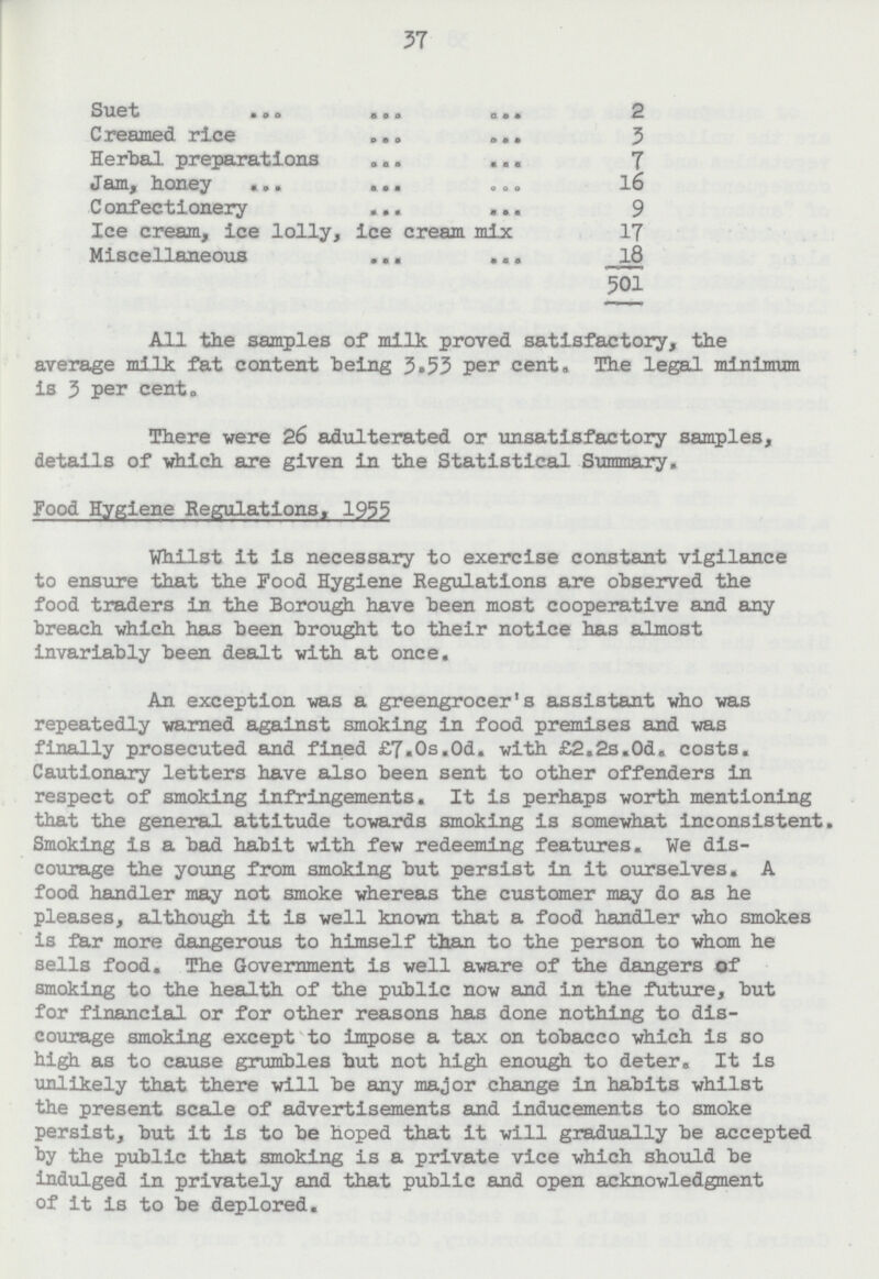 37 Suet 2 Creamed rice 3 Herbal preparations 7 Jam, honey 16 Confectionery 9 Ice cream, ice lolly, ice cream mix 17 Miscellaneous 18 501 All the samples of milk proved satisfactory, the average milk fat content being 3.53 per cent. The legal minimum is 3 per cent. There were 26 adulterated or unsatisfactory samples, details of which are given in the Statistical Summary. Food Hygiene Regulations, 1955 Whilst it is necessary to exercise constant vigilance to ensure that the Food Hygiene Regulations are observed the food traders in the Borough have been most cooperative and any breach which has been brought to their notice has almost invariably been dealt with at once. An exception was a greengrocer's assistant who was repeatedly warned against smoking in food premises and was finally prosecuted and fined £7.0s.0d. with £2.2s.0d. costs. Cautionary letters have also been sent to other offenders in respect of smoking infringements. It is perhaps worth mentioning that the general attitude towards smoking is somewhat inconsistent, Smoking is a bad habit with few redeeming features. We dis courage the young from smoking but persist in it ourselves. A food handler may not smoke whereas the customer may do as he pleases, although it is well known that a food handler who smokes is far more dangerous to himself than to the person to whom he sells food. The Government is well aware of the dangers of smoking to the health of the public now and in the future, but for financial or for other reasons has done nothing to dis courage smoking except to impose a tax on tobacco which is so high as to cause grumbles but not high enough to deter. It is unlikely that there will be any major change in habits whilst the present scale of advertisements and inducements to smoke persist, but it is to be hoped that it will gradually be accepted by the public that smoking is a private vice which should be indulged in privately and that public and open acknowledgment of it is to be deplored.
