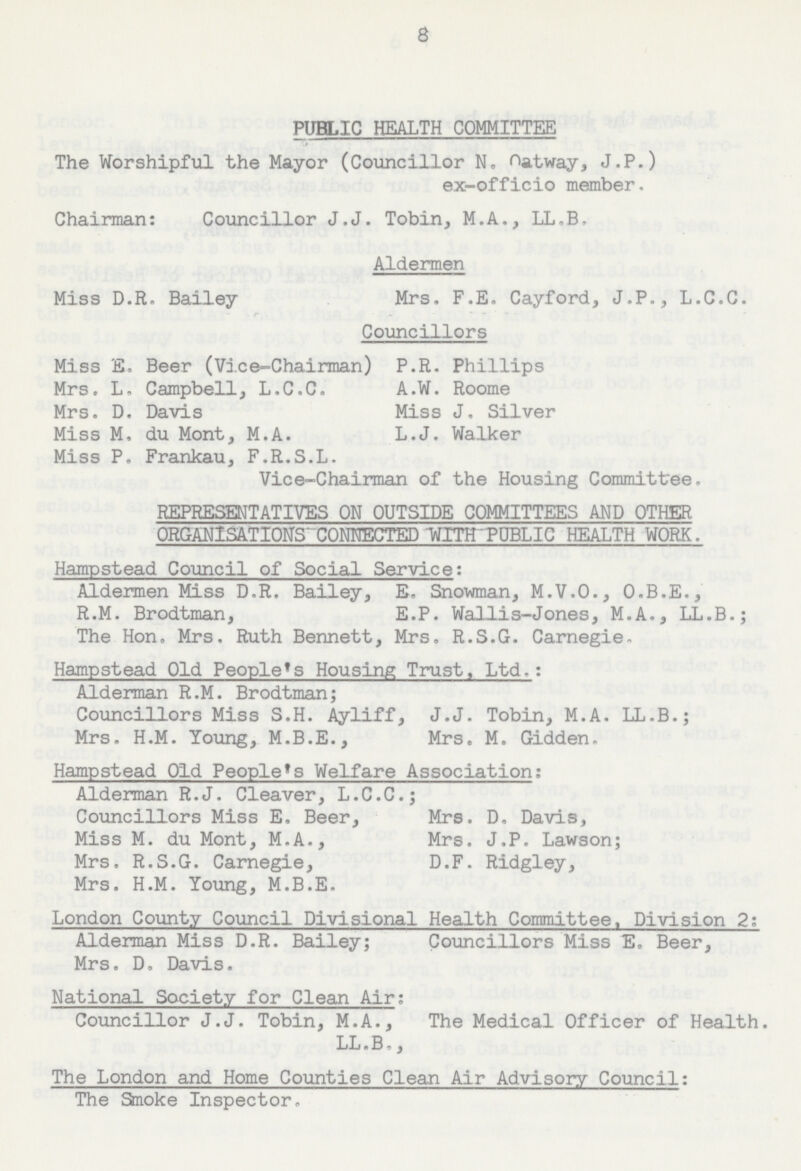 8 PUBLIC HEALTH COMMITTEE The Worshipful the Mayor (Councillor N. Oatway, J.P.) ex-officio member. Chairman: Councillor J.J. Tobin, M.A., LL.B, Aldermen Miss D.R. Bailey Mrs. F.E. Cayford, J.P., L.C.C. Councillors Miss E. Beer (Vice-Chairman) Mrs. L. Campbell, L.C.C. Mrs. D. Davis Miss M. du Mont, M.A. Miss P. Frankau, F.R.S.L. P.R. Phillips A.W. Roome Miss J. Silver L.J. Walker Vice-Chairman of the Housing Committee. REPRESENTATIVES ON OUTSIDE COMMITTEES AND OTHER ORGANISATIONS CONNECTED WITH PUBLIC HEALTH WORK. Hampstead Council of Social Service: Aldermen Miss D.R. Bailey, R.M. Brodtman, The Hon. Mrs. Ruth Bennett, E, Snowman, M.V.O., O.B.E., E.P. Wallis-Jones, M.A., LL.B.; Mrs. R.S.G. Carnegie, Hampstead Old People's Housing Trust, Ltd.: Alderman R.M. Brodtman; Councillors Miss S.H. Ayliff, Mrs. H.M. Young, M.B.E., J.J. Tobin, M.A. LL.B.; Mrs. M. Gidden. Hampstead Old People's Welfare Association: Alderman R.J. Cleaver, L.C.C.; Councillors Miss E. Beer, Miss M. du Mont, M.A., Mrs. R.S.G. Carnegie, Mrs. H.M. Young, M.B.E. Mrs. D. Davis, Mrs. J.P. Lawson; D.F. Ridgley, London County Council Divisional Health Committee. Division 2: Alderman Miss D.R. Bailey; Mrs. D, Davis. Councillors Miss E. Beer, National Society for Clean Air: Councillor J.J. Tobin, M.A., LL.B., The Medical Officer of Health. The London and Home Counties Clean Air Advisory Council: The Smoke Inspector.