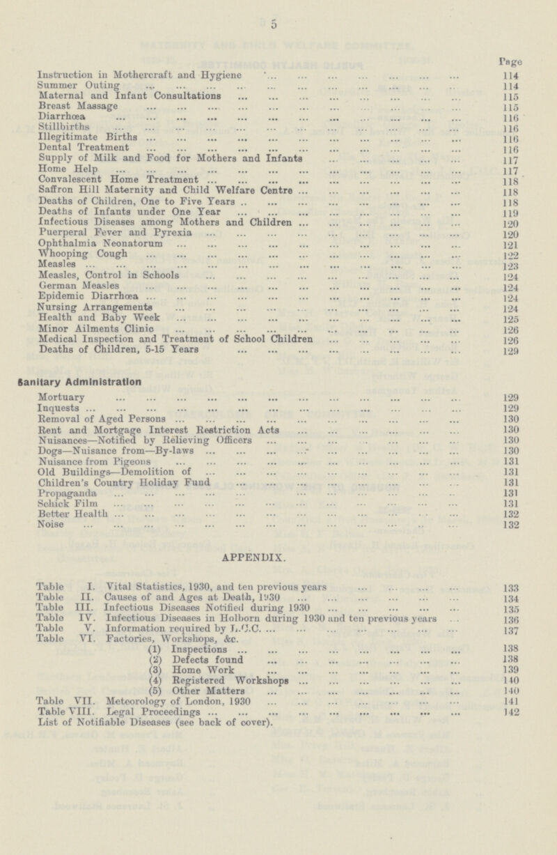 5 I'sge Instruction in Mothercraft and Hygiene 114 Summer Outing 114 Maternal and Infant Consultations 115 Breast Massage 115 Diarrhœa 116 Stillbirths 116 Illegitimate Births 116 Dental Treatment 116 Supply of Milk and Food for Mothers and Infants 117 Home Help 117 Convalescent Home Treatment 118 Saffron Hill Maternity and Child Welfare Centre 118 Deaths of Children, One to Five Years 118 Deaths of Infants under One Year 119 Infectious Diseases among Mothers and Children 120 Puerperal Fever and Pyrexia 120 Ophthalmia Neonatorum 121 Whooping Cough 122 Measles 123 Measles, Control in Schools 124 German Measles 124 Epidemic Diarrhœa 124 Nursing Arrangements 124 Health and Baby Week 125 Minor Ailments Clinio 126 Medical Inspection and Treatment of School Children 126 Deaths of Children, 5-15 Years 129 Sanitary Administration Mortuary 129 Inquests 129 Removal of Aged Persons 130 Rent and Mortgage Interest Restriction Acts 130 Nuisances—Notified by Relieving Officers 130 Dogs—Nuisance from—By-laws 130 Nuisance from Pigeons 131 Old Buildings—Demolition of 131 Children's Country Holiday Fund 131 Propaganda 131 Soluck Film 131 Better Health 132 Noise 132 APPENDIX. Table I. Vital Statistics, 1930, and ten previous years 133 Table II. Causes of and Ages at Death, l'J30 134 Table III. Infectious Diseases Notified during 1930 135 Table IV. Infectious Diseases in Holborn during 1930 and ten previous years 136 Table V. Information required by L.C.C 137 Table VI. Factories, Workshops, &c. (1) Inspections 138 (2) Defects found 138 (3) Home Work 139 (4) Registered Workshops 140 (5) Other Matters 140 Table VII. Meteorology of London, 1930 141 Table VIII. Legal Proceedings 142 List of Notifiable Diseases (see back of cover).