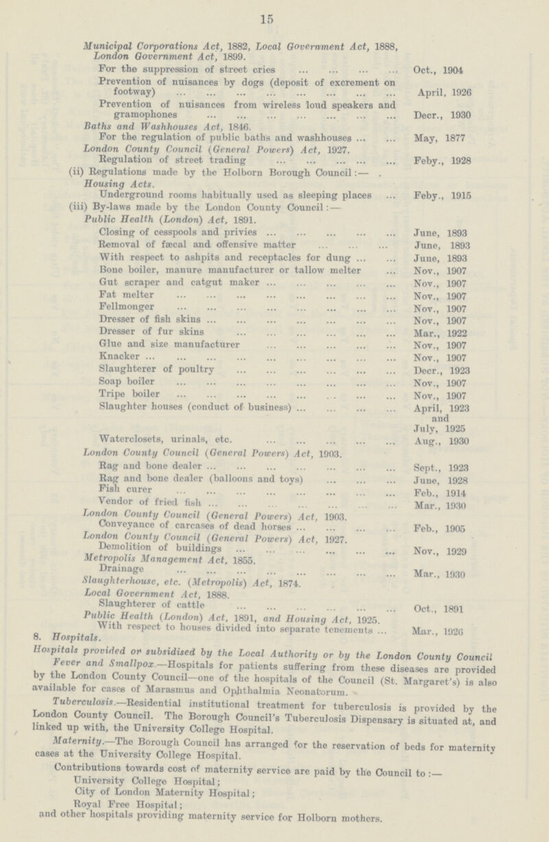 15 Municipal Corporations Act, 1882, Local Government Act, 1888, London Government Act, 1899. For the suppression of street cries Oct., 1904 Prevention of nuisances by dogs (deposit of excrement on footway) April, 1926 Prevention of nuisances from wireless loud speakers and gramophones Decr., 1930 Baths and Washhouses Act, 1846. For the regulation of public baths and washhouses May, 1877 London County Council (General Powers) Act, 1927. Regulation of street trading Feby., 1928 (ii) Regulations inade by the Holborn Borough Council:— Housing Acts. Underground rooms habitually used as sleeping places Feby., 1915 (iii) By-laws made by the London County Council:— Public Health (London) Act, 1891. Closing of cesspools and privies June, 1893 Removal of fæcal and offensive matter June, 1893 With respect to ashpits and receptacles for dung June, 1893 Bone boiler, manure manufacturer or tallow melter Nov., 1907 Gut scraper and catgut maker Nov., 1907 Fat melter Nov., 1907 Fellmonger Nov., 1907 Dresser of fish skins Nov., 1907 Dresser of fur skins Mar., 1922 Glue and size manufacturer Nov., 1907 Knacker Nov., 1907 Slaughterer of poultry Decr., 1923 Soap boiler Nov., 1907 Tripe boiler Nov., 1907 Slaughter houses (conduct of business) April, 1923 and July, 1925 Waterclosets, urinals, etc. Aug., 1930 London County Council (General Powers) Act, 1903. Rag and bone dealer Sept., 1923 Rag and bone dealer (balloons and toys) June, 1928 Fish curer Feb., 1914 Vendor of fried fish Mar., 1930 London County Council (General Powers) Act, 1903. Conveyance of carcases of dead horses Feb., 1905 London County Council (General Powers) Act, 1927. Demolition of buildings Nov., 1929 Metropolis Management Act, 1855. Drainage Mar., 1930 Slaughterhouse, etc. (Metropolis) Act, 1874. Local Government Act, 1888. Slaughterer of cattle Oct., 1891 Public Health (London) Act. 1891, and Housing Act, 1925. With respect to houses divided into separate tenements Mar., 1926 8. Hospitals. Hospitals provided or subsidised by the Local Authority or by the London County Council fever and Smallpox.—Hospitals for patients suffering from these diseases are provided by the London County Council—one of the hospitals of the Council (St. Margaret's) is also available for cases of Marasmus and Ophthalmia Neonatorum. Tuberculosis—Residential institutional treatment for tuberculosis is provided by the London County Council. The Borough Council's Tuberculosis Dispensary is situated at, and linked up with, the University College Hospital. Maternity.—The Borough Council has arranged for the reservation of beds for maternity cases at the University College Hospital. Contributions towards cost of maternity service are paid by the Council to :- University College Hospital; City of London Maternity Hospital; Royal Free Hospital; and other hospitals providing maternity service for Holborn mothers.