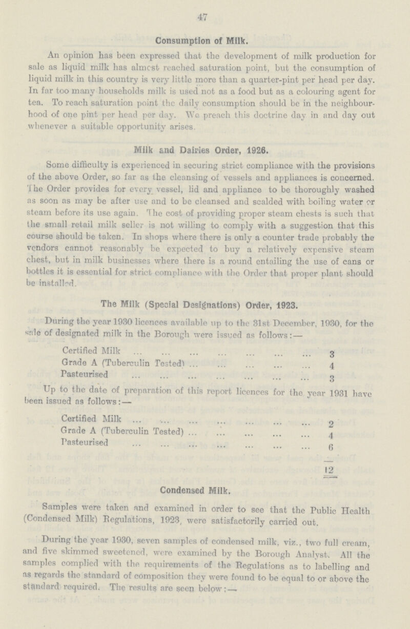 47 Consumption of Milk. An opinion has been expressed that the development of milk production for sale as liquid milk has almost reached saturation point, but the consumption of liquid milk in this country is very little more than a quarter-pint per head per day. In far too many households milk is used not as a food but as a colouring agent for tea. To reach saturation point the daily consumption should be in the neighbour hood of one pint per head per day. We preach this doctrine day in and day out whenever a suitable opportunity arises. Milk and Dairies Order, 1926. Some difficulty is experienced in securing strict compliance with the provisions of the above Order, so far as the cleansing of vessels and appliances is concerned. The Order provides for every vessel, lid and appliance to be thoroughly washed as soon as may be after use and to be cleansed and scalded with boiling water or steam before its use again. The cost of providing proper steam chests is such that the small retail milk seller is not willing to comply with a suggestion that this course should be taken. In shops where there is only a counter trade probably the vendors cannot reasonably be expected to buy a relatively expensive steam chest, but in milk businesses where there is a round entailing the use of cans or bottles it is essential for strict compliance with the Order that proper plant should be installed. The Milk (Special Designations) Order, 1923. During the year 1930 licences available up to the 31st December, 1930, for the Sale of designated milk in the Borough were issued as follows: — Certified Milk 3 Grade A (Tuberculin Tested 4 Pasteurised 3 Up to the date of preparation of this report licences for the year 1931 have been issued as follows: — Certified Milk 2 Grade A (Tuberculin Tested) 4 Pasteurised 6 12 Condensed Milk. Samples were taken and examined in order to see that the Public Health (Condensed Milk) Regulations, 1923, were satisfactorily carried out. During the year 1930, seven samples of condensed milk, viz., two full cream, and five skimmed sweetened, were examined by the Borough Analyst. All the samples complied with the requirements of the Regulations as to labelling and as regards the standard of composition they were found to be equal to or above the standard required. The results are seen below;—.