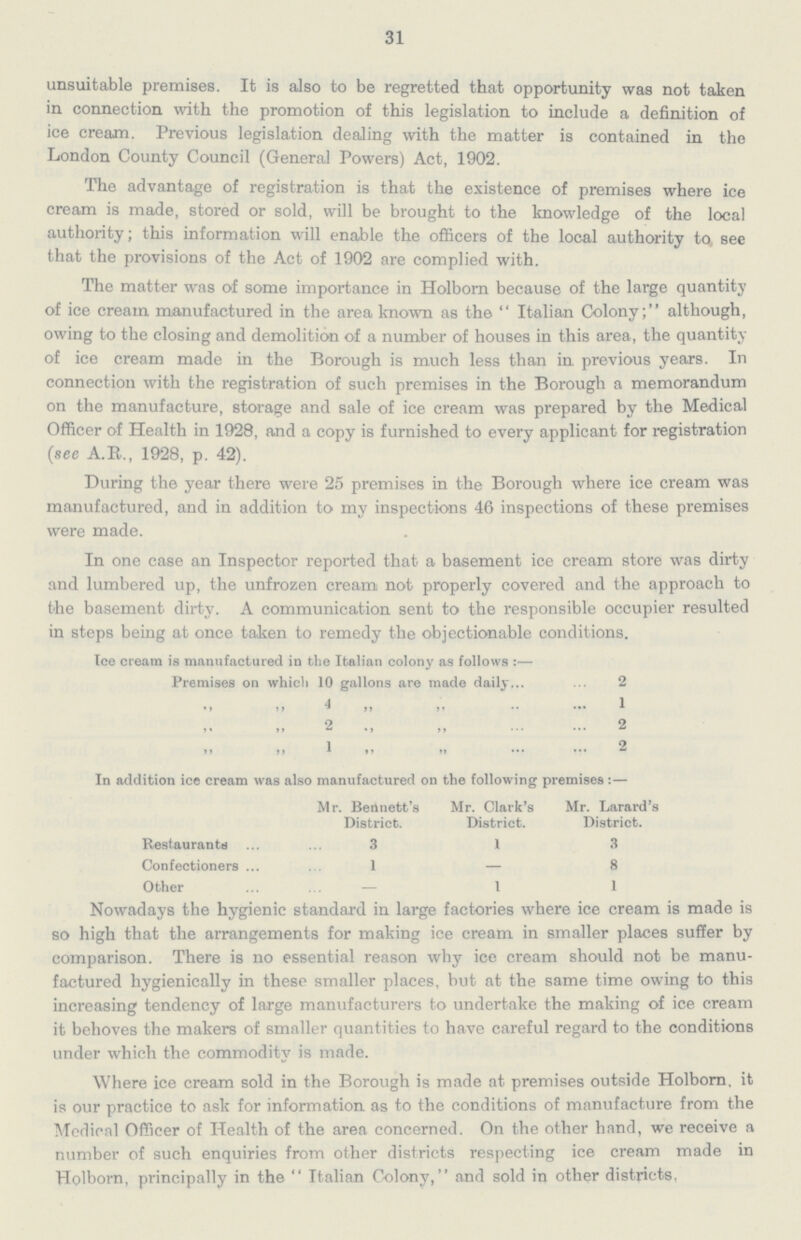 31 unsuitable premises. It is also to be regretted that opportunity was not taken in connection with the promotion of this legislation to include a definition of ice cream. Previous legislation dealing with the matter is contained in the London County Council (General Powers) Act, 1902. The advantage of registration is that the existence of premises where ice cream is made, stored or sold, will be brought to the knowledge of the local authority; this information will enable the officers of the local authority to. see that the provisions of the Act of 1902 are complied with. The matter was of some importance in Holborn because of the large quantity of ice cream manufactured in the area known as the Italian Colony; although, owing to the closing and demolition of a number of houses in this area, the quantity of ice cream made in the Borough is much less than in previous years. In connection with the registration of such premises in the Borough a memorandum on the manufacture, storage and sale of ice cream was prepared by the Medical Officer of Health in 1928, and a copy is furnished to every applicant for registration (see A.B., 1928, p. 42). During the year there were 25 premises in the Borough where ice cream was manufactured, and in addition to my inspections 46 inspections of these premises were made. In one case an Inspector reported that a basement ice cream store was dirty and lumbered up, the unfrozen cream not properly covered and the approach to the basement dirty. A communication sent to the responsible occupier resulted in steps being at once taken to remedy the objectionable conditions. Ice cream is manufactured in the Italian colony as follows :— Premises on which 10 gallons are made daily 2 ,, ,, 4 ,, ,, 1 ,, ,, 2 ,, ,, 2 ,, ,, 1 ,, ,, 2 In addition ice cream was also manufactured on the following premises:— Mr. Bennett's District. Mr. Clark's District. Mr. Larard's District. Restaurantd 3 1 3 Confectioners 1 — 8 Other — 1 1 Nowadays the hygienic standard m large factories where ice cream is made is so high that the arrangements for making ice cream in smaller places suffer by comparison. There is no essential reason why ice cream should not be manu factured hygienically in these smaller places, but at the same time owing to this increasing tendency of large manufacturers to undertake the making of ice cream it behoves the makers of smaller quantities to have careful regard to the conditions under which the commodity is made. Where ice cream sold in the Borough is made at premises outside Holborn. it is our practice to ask for information as to the conditions of manufacture from the Medical Officer of Health of the area concerned. On the other hand, we receive a number of such enquiries from other districts respecting ice cream made in Holborn, principally in the Italian Colony, and sold in other districts,