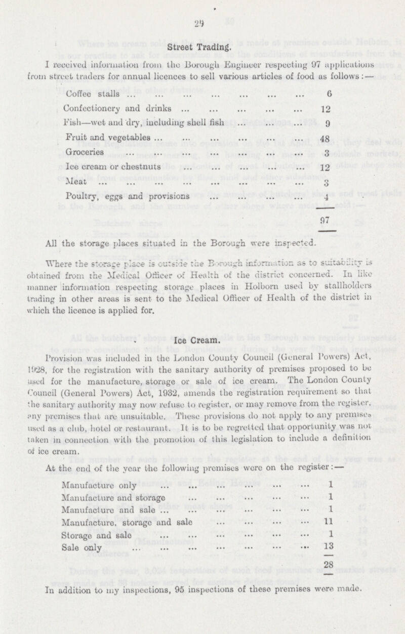 29 Street Trading. I received information from the Borough Engineer respecting 97 applications from street traders for annual licences to sell various articles of food as follows: — Coffee stalls 6 Confectionery and drinks 12 Fish—wet and 'dry, including shell fish 9 Fruit and vegetables 48 Groceries 3 Ice cream or chestnuts 12 Meat 3 Poultry, eggs and provisions 4 97 All the storage places situated in the Borough were inspected. Where the storage place is outside the Borough information as to suitability is obtained from the Medical Officer of Health of the district concerned. In like manner information respecting storage places in Holbon used by stallholders trading in other areas is sent to the Medical Officer of Health of the district in which the licence is applied for. Ice Cream. Provision was included in the London County Council (General Powers) Act, 19.28, for the registration with the sanitary authority of premises proposed to be used for the manufacture, storage or sale of ice cream. The London County Council (General Powers) Act, 1932, amends the registration requirement so that the sanitary authority may now refuse to register, or may remove from the register, any premises that are unsuitable. These provisions do not apply to any premises used as a club, hotel or restaurant. It is to be regretted that opportunity was not taken in connection with the promotion of this legislation to include a definition of ice cream. At the end of the year the following premises were on the register: — Manufacture only 1 Manufacture and storage 1 Manufacture and sale 1 Manufacture, storage and sale 11 Storage and sale 1 Sale only 13 28 In addition to my inspections, 95 inspections of these premises wore made.