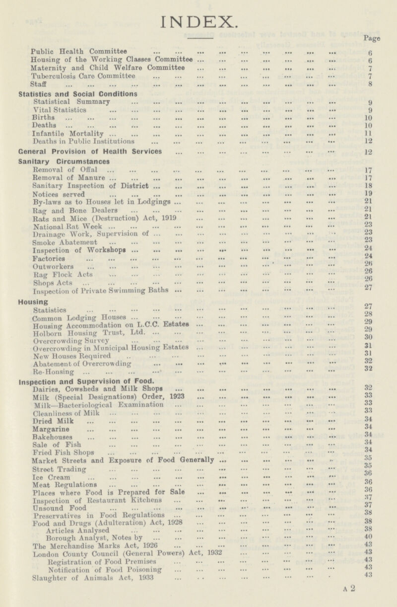 INDEX. Page Public Health Committee 6 Housing of the Working Classes Committee 6 Maternity and Child Welfare Committee 7 Tuberculosis Care Committee 7 Staff 7 Statistics and Social Conditions Statistical Summary 9 Vital Statistics 9 Births 10 Deaths 10 Infantile Mortality 11 Deaths in Public Institutions 12 General Provision of Health Services 12 Sanitary Circumstances Removal of Offal 17 Removal of Manure 17 Sanitary Inspection of District 18 Notices served 19 By-laws as to Houses let in Lodgings 21 Rag and Bone Dealers 21 Rats and Mice (Destruction) Act, 1919 21 National Rat Week 23 Drainage Work, Supervision of 23 Smoke Abatement 23 Inspection of Workshop 24 Factories 24 Outworkers 26 Rag Flock Acts 26 Shops Acts 26 Inspection of Private Swimming Baths 27 Housing Statistics 27 Common Lodging Houses 28 Housing Accommodation on L.C.C. Estates 29 Holborn Housing Trust, Ltd. 29 Overcrowding Survey 30 Overcrowding in Municipal Housing Estates 31 New Houses Required 31 Abatement of Overcrowding 32 Re-Honsing 32 Inspection and Supervision of Food. Dairies, Cowsheds and Milk Shops 32 Milk (Special Designations) Order, 1923 33 Milk—Bacteriological Examination 33 Cleanliness of Milk 33 Dried Milk 34 Margarine 34 Bakehouses 34 Sale of Fish 34 Fried Fish Shops 34 Market Streets and Exposure of Food Generally 35 Street Trading 35 Ice Cream 36 Meat Regulations 36 Places where Food is Prepared for Sale 36 Inspection of Restaurant Kitchens 37 Unsound Food 37 Preservatives in Food Regulations 38 Food and Drugs (Adulteration) Act, 1928 38 Articles Analysed 38 Borough Analyst, Notes by 40 The Merchandise Marks Act, 1926 43 London County Council (General Powers) Act, 1932 43 Registration of Food Premises 43 Notification of Food Poisoning 43 Slaughter of Animals Act, 1933 43 A 2