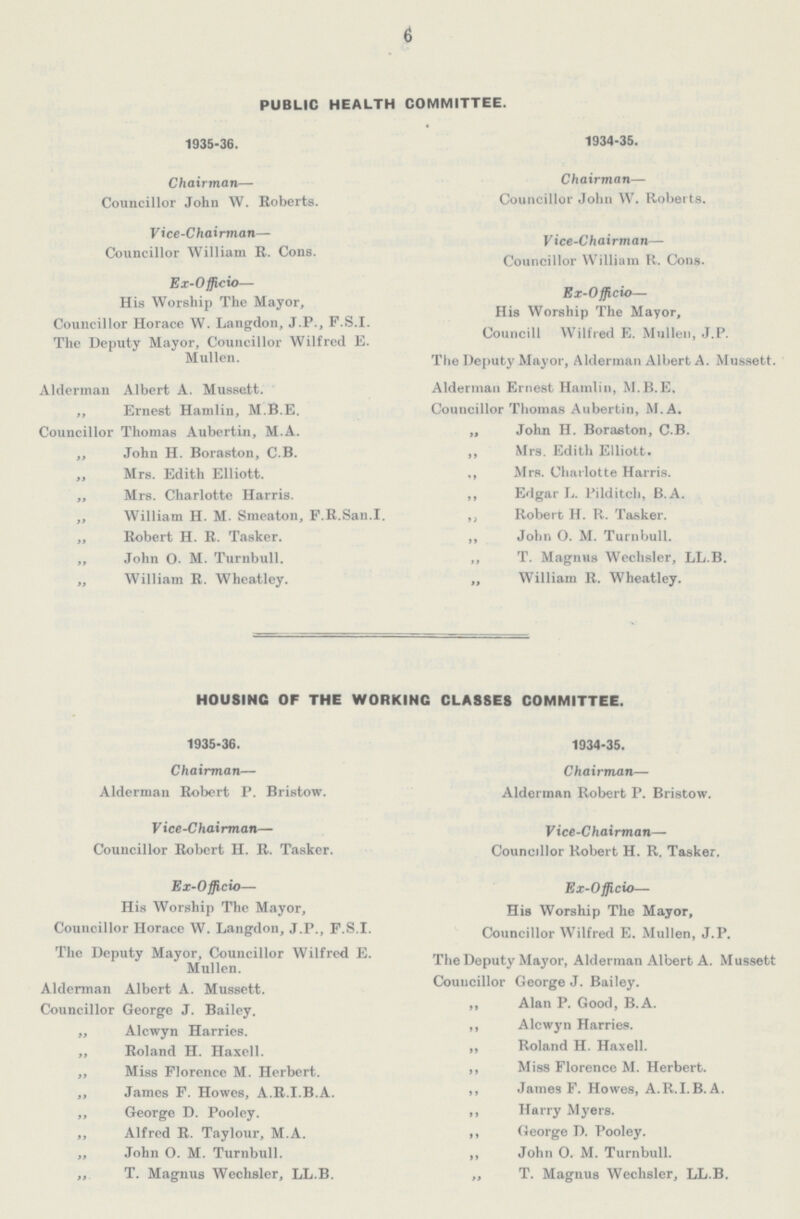 6 PUBLIC HEALTH COMMITTEE. 1935-36. 1934-35. Chairman— Chairman- Councillor John W. Roberts. Councillor John W. Roberts. Vice-Chairman- Vice-Chairman- Councillor William R. Cons. Councillor William R. Cons. Ex-Officio— His Worship The Mayor, His Worship The Mayor, Councillor Horace W. Langdon, J.P., F.S.I. Councill Wilfred E. Mullen, J.P. The Deputy Mayor, Councillor Wilfred E. Mullen. The Deputy Mayor, Alderman Albert A. Mussett. Alderman Albert A. Mussett. Alderman Ernest Hamlin, M.B.E. ,, Ernest Hamlin, M.B.E. Councillor Thomas Aubertin, M.A. Councillor Thomas Aubertin, M.A. ,, John H. Boraston, C.B. „ John H. Boraston, C.B. ,, Mrs. Edith Elliott. „ Mrs. Edith Elliott. ,, Mrs. Charlotte Harris. ,, Mrs. Charlotte Harris. ,, Edgar L. Pilditch, B.A. ,, William H. M. Smeaton, F.R.San.I. ,, Robert H. R. Tasker. „ Robert H. R. Tasker. ,, John O. M. Turnbull. „ John O. M. Turnbull. „ T. Magnus Wechsler, LL.B. „ William R. Wheatley. „ William R. Wheatley. HOUSING OF THE WORKING CLASSES COMMITTEE. 1935-36. 1934-35. Chairman— Chairman— Alderman Robert P. Bristow. Alderman Robert P. Bristow. Vice-Chairman— Vice-Chairman— Councillor Robert H. R. Tasker. Councillor Robert H. R. Tasker. Ex-Officio— Ex-Officio— His Worship The Mayor, His Worship The Mayor, Councillor Horace W. Langdon, J. P., F.S.I. Councillor Wilfred E. Mullen, J. P. The Deputy Mayor, Councillor Wilfred E. Mullen. The Deputy Mayor, Alderman Albert A. Mussett Alderman Albert A. Mussett. Councillor George J. Bailey. Councillor George J. Bailey. „ Alan P. Good, B.A. „ Alcwyn Harries. „ Alcwyn Harries. „ Roland H. Haxell. „ Roland H. Haxell. „ Miss Florence M. Herbert. „ Miss Florence M. Herbert. „ James F. Howes, A.R.I.B.A. „ James F. Howes, A.R.I.B.A. „ George D. Pooley. „ Harry Myers. „ Alfred R. Taylour, M.A. „ George D. Pooley. „ John O. M. Turnbull. ,, John O. M. Turnbull. „ T. Magnus Wechsler, LL.B. ,, T. Magnus Wechsler, LL.B.