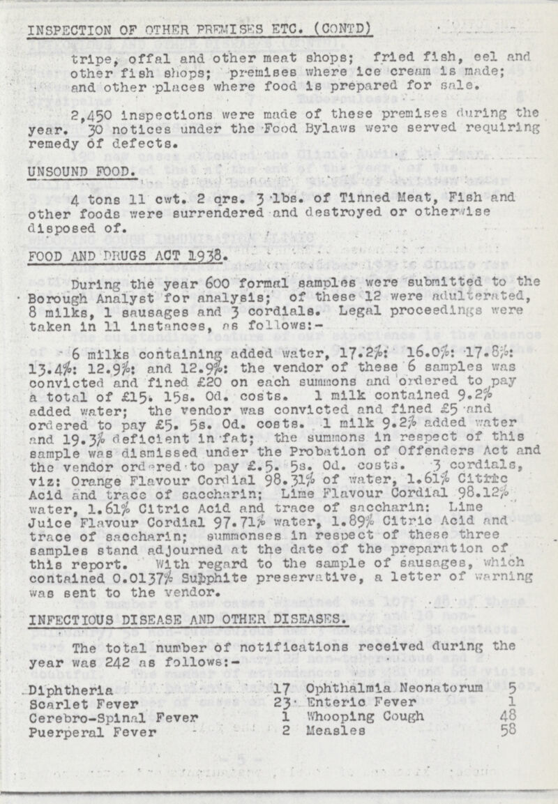 INSPECTION OF OTHER PREMISES ETC. (CONTD) tripe, offal and other meat shops; fried fish, eel and other fish shops; premises where ice cream is made; and other places where food is prepared for sale. 2,450 inspections were made of these premises during the year. 30 notices under the Food Bylaws were served requiring remedy of defects. UNSOUND FOOD. 4 tons 11 cwt. 2 qrs. 3 lbs. of Tinned Meat, Fish and other foods were surrendered and destroyed or otherwise disposed of. FOOD AND DRUGS ACT 1938. During the year 600 formal samples were submitted to the Borough Analyst for analysis; of these 12 were adulterated, 8 milks, 1 sausages and 3 cordials. Legal proceedings were taken in 11 instances, as follows:- 6 milks containing added water, 17.2%: 16.0%: 17.8%: 13.4%: 12.9%: and 12.9%: the vendor of these 6 samples was convicted and fined £20 on each summons and ordered to pay a total of £15. 15s. 0d. costs. 1 milk contained 9.2% added water; the vendor was convicted and fined £5 and ordered to pay £5. 5s. 0d. costs. 1 milk 9.2% added water and 19.3% deficient in fat; the summons in respect of this sample was dismissed under the Probation of Offenders Act and the vendor ordered to pay £.5.5s.0d. costs. 3 cordials, viz: Orange Flavour Cordial 98.31% of water, 1.61% Citric Acid and trace of saccharin; Lime Flavour Cordial 98.12% water, 1.6l% Citric Acid and trace of saccharin: Lime Juice Flavour Cordial 97.71% water, 1.89% Citric Acid and trace of saccharin; summonses in respect of these three samples stand adjourned at the date of the preparation of this report. With regard to the sample of sausages, which contained 0.0137% Sulphite preservative, a letter of warning was sent to the vendor. INFECTIOUS DISEASE AND OTHER DISEASES. The total number of notifications received during the year was 242 as follows:- Diphtheria 17 Ophthalmia Neonatorum 5 Scarlet Fever 23 Enteric Fever 1 Cerebro-Spinal Fever 1 Whooping Cough 48 Puerperal Fever 2 Measles 58