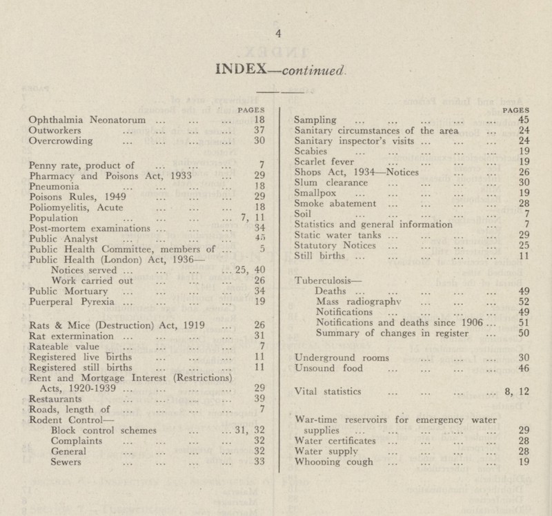 4 INDEX —continued. PACES Ophthalmia Neonatorum 18 Outworkers 37 Overcrowding 30 Penny rate, product of 7 Pharmacy and Poisons Act, 1933 29 Pneumonia 18 Poisons Rules, 1949 29 Poliomyelitis, Acute 18 Population , 11 Post-mortem examinations 34 Public Analyst 45 Public Health Committee, members of 5 Public Health (London) Act, 1936— Notices served 25, 40 Work carried out 26 Public Mortuary 34 Puerperal Pyrexia 19 Rats & Mice (Destruction) Act, 1919 26 Rat extermination 31 Rateable value 7 Registered live Births 11 Registered still births 11 Rent and Mortgage Interest (Restrictions) Acts, 1920-1939 29 Restaurants 39 Roads, length of 7 Rodent Control— Block control schemes 31, 32 Complaints 32 General 32 Sewers 33 PAGES Sampling 45 Sanitary circumstances of the area 24 Sanitary inspector's visits 24 Scabies 19 Scarlet fever 19 Shops Act, 1934—Notices 26 Slum clearance 30 Smallpox 19 Smoke abatement 28 Soil 7 Statistics and general information 7 Static water tanks 29 Statutory Notices 25 Still births 11 Tuberculosis— Deaths 49 Mass radiography 52 Notifications 49 Notifications and deaths since 1906 51 Summary of changes in register 50 Underground rooms 30 Unsound food 46 Vital statistics 8, 12 War-time reservoirs for emergency water supplies 29 Water certificates 28 Water supply 28 Whoooing cough 19