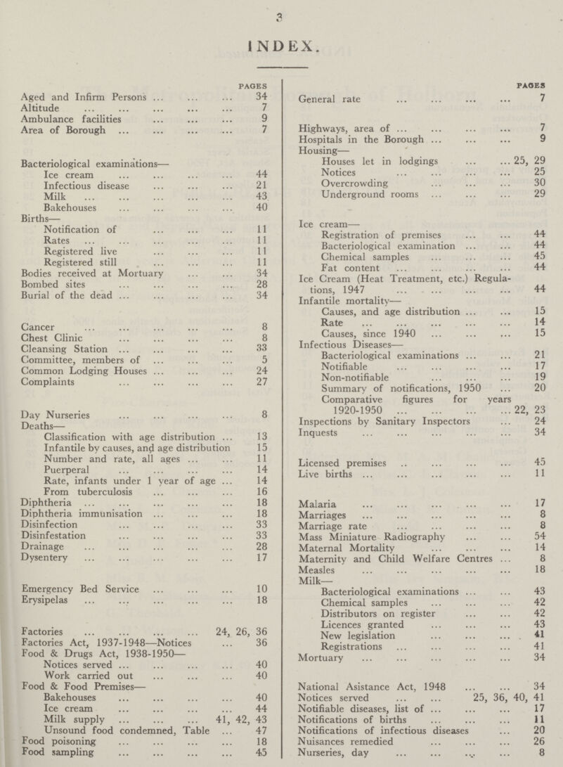 3 INDEX. pages Aged and Infirm Persons 34 Altitude 7 Ambulance facilities 9 Area of Borough 7 Bacteriological examinations— Ice cream 44 Infectious disease 21 Milk 43 Bakehouses 40 Births— Notification of 11 Rates 11 Registered live 11 Registered stil 11 Bodies received at Mortuary 34 Bombed sites 28 Burial of the dead 34 Cancer 8 Chest Clinic 8 Cleansing Station 33 Committee, members of 5 Common Lodging Houses 24 Complaints 27 Day Nurseries 8 Deaths— Classification with age distribution 13 Infantile by causes, and age distribution 15 Number and rate, all ages 11 Puerperal 14 Rate, infants under 1 year of age 14 From tuberculosis 16 Diphtheria 18 Diphtheria immunisation 18 Disinfection 33 Disinfestation 33 Drainage 28 Dysentery 17 Emergency Bed Service 10 Erysipelas 18 Factories 24, 26, 36 Factories Act, 1937-1948—Notices 36 Food & Drugs Act, 1938-1950— Notices served 40 Work carried out 40 Food & Food Premises— Bakehouses 40 Ice cream 44 Milk supply 41, 42, 43 Unsound food condemned, Table 47 Food poisoning 18 Food sampling 45 Pages General rate 7 Highways, area of 7 Hospitals in the Borough 9 Housing— Houses let in lodgings 25, 29 Notices 25 Overcrowding 30 Underground rooms 29 Ice cream— Registration of premises 44 Bacteriological examination 44 Chemical samples 45 Fat content 4 Ice Cream (Heat Treatment, etc.) Regulations, 1947 44 Infantile mortality— Causes, and age distribution 15 Rate 14 Causes, since 1940 15 Infectious Diseases— Bacteriological examinations 21 Notifiable 17 Non-notifiable 19 Summary of notifications, 1950 20 Comparative figures for years 1920-1950 22, 23 Inspections by Sanitary Inspectors 24 Inquests 34 Licensed premises 45 Live births 11 Malaria 17 Marriages 8 Marriage rate 8 Mass Miniature Radiography 54 Maternal Mortality 14 Maternity and Child Welfare Centres 8 Measles 18 Milk- Bacteriological examinations 43 Chemical samples 42 Distributors on register 42 Licences granted 43 New legislation 41 Registrations 41 Mortuary 34 National Asistance Act, 1948 34 Notices served 25, 36, 40, 41 Notifiable diseases, list of 17 Notifications of births 11 Notifications of infectious diseases 20 Nuisances remedied 26 Nurseries, day 8