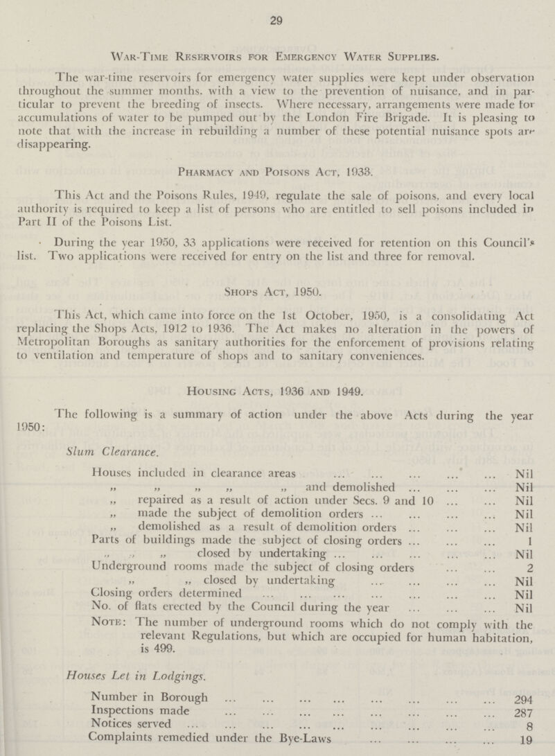 29 War — Time Reservoirs for Emergency Water Supplies. The war-time reservoirs for emergency water supplies were kept under observation throughout the summer months, with a view to the prevention of nuisance, and in par ticular to prevent the breeding of insects. Where necessary, arrangements were made for accumulations of water to be pumped out by the London Fire Brigade. It is pleasing to note that with the increase in rebuilding a number of these potential nuisance spots are disappearing. Pharmacy and Poisons Act, 1933. This Act and the Poisons Rules, 1949, regulate the sale of poisons, and every local authority is required to keep a list of persons who are entitled to sell poisons included in Part II of the Poisons List. During the year 1950, 33 applications were received for retention on this Council's list. Two applications were received for entry on the list and three for removal. Shops Act, 1950. This Act, which came into force on the 1st October, 1950, is a consolidating Act replacing the Shops Acts, 1912 to 1936. The Act makes no alteration in the powers of Metropolitan Boroughs as sanitary authorities for the enforcement of provisions relating to ventilation and temperature of shops and to sanitary conveniences. Housing Acts, 1936 and 1949. The following is a summary of action under the above Acts during the year 1950: Slum Clearance. Houses included in clearance areas Nil „ ,, „ „ „ and demolished Nil „ repaired as a result of action under Sees. 9 and 10 Nil „ made the subject of demolition orders Nil „ demolished as a result of demolition orders Nil Parts of buildings made the subject of closing orders 1 „ „ „ closed by undertaking Nil Underground rooms made the subject of closing orders 2 „ „ closed by undertaking Nil Closing orders determined Nil No. of flats erected by the Council during the year Nil Note: The number of underground rooms which do not comply with the relevant Regulations, but which are occupied for human habitation, is 499. Houses Let in Lodgings. Number in Borough 294 Inspections made 287 Notices served 8 Complaints remedied under the Bye-Laws 19