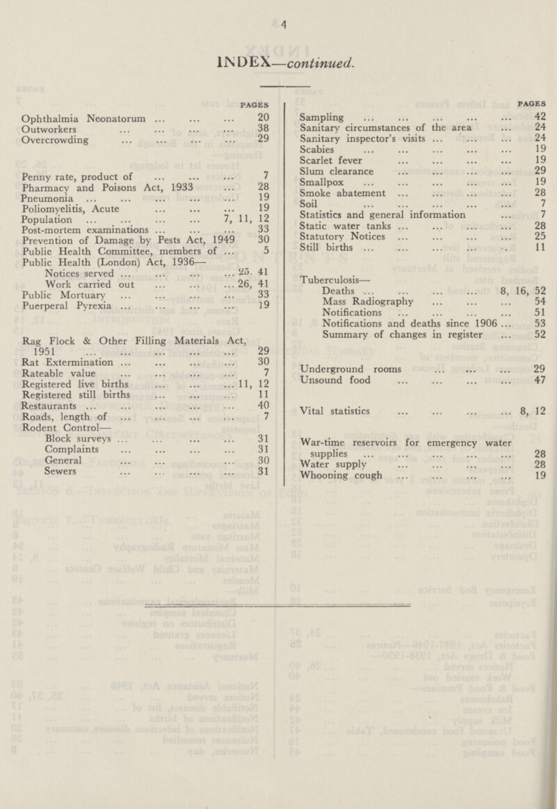 4 INDEX—continued. PAGES Ophthalmia Neonatorum 20 Outworkers 38 Overcrowding 29 Penny rate, product o 7 Pharmacy and Poisons Act, 1933 28 Pneumonia 19 Poliomyelitis, Acute 19 Population 7, 11, 12 Post-mortem examinations 33 Prevention of Damage by Pests Act, 1949 30 Public Health Committee, members of 5 Public Health (London) Act, 1936— Notices served 25, 41 Work carried out 26, 41 Public Mortuary 33 Puerperal Pyrexia 19 Rag Flock & Other Filling Materials Act, 1951 29 Rat Extermination 30 Rateable value 7 Registered live births 11, 12 Registered still birth 11 Restaurants 40 Roads, length of 7 Rodent Control— Block surveys 31 Complaints 31 General 30 Sewers 31 PAGES Sampling 42 Sanitary circumstances of the area 24 Sanitary inspector's visits 24 Scabies 19 Scarlet fever 19 Slum clearance 29 Smallpox 19 Smoke abatement 28 Soil 7 Statistics and general information 7 Static water tanks 28 Statutory Notices 25 Still births 11 Tuberculosis— Deaths 8, 16, 52 Mass Radiography 54 Notifications 51 Notifications and deaths since 1906 53 Summary of changes in register 52 Underground rooms 29 Unsound food 47 Vital statistics 8, 12 War-time reservoirs for emergency water supplies 28 Water supply 28 Whooping cough 19