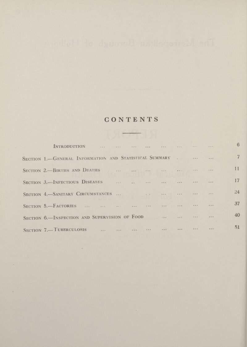 CONTENTS Introduction 6 Section 1.—General Information and Statistical Summary 7 Section 2.—Births and Deaths 11 Section 3.—Infectious Diseases 17 Section 4.—Sanitary Circumstances 24 Section 5.—Factories 37 Section 6.—Inspection and Supervision of Food 40 Section 7.—Tuberculosis 51